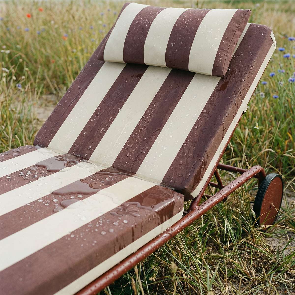 Mollis Sunbed in Renesse Chestnut with adjustable backrest and powder-coated aluminum frame outdoors