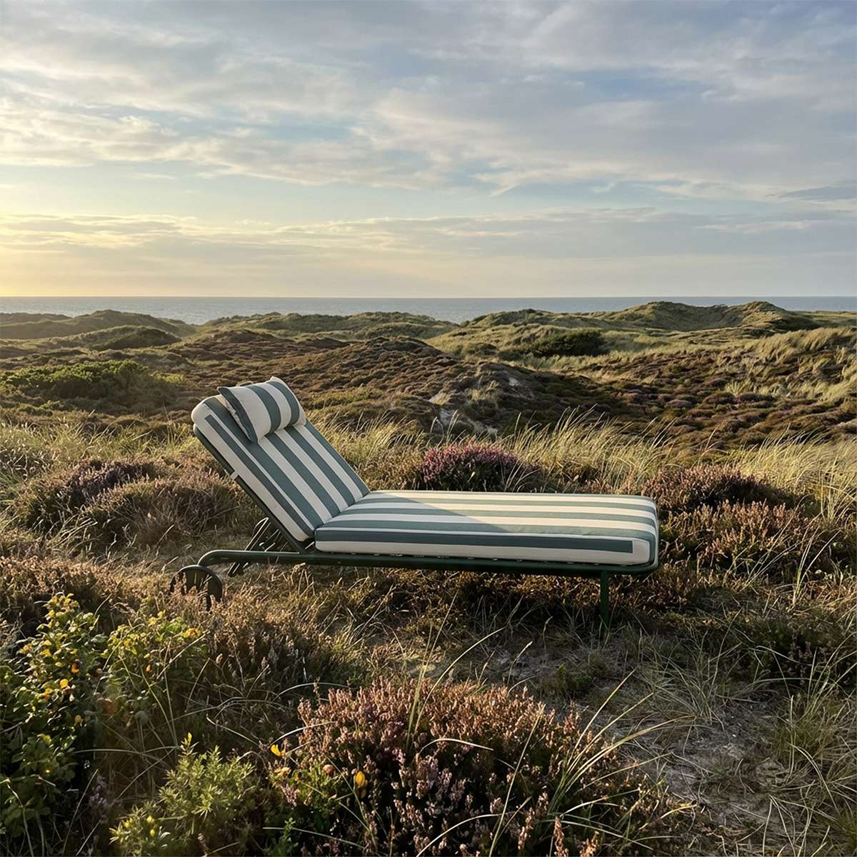 Mollis Sunbed outdoor lounger in Renesse Olive with adjustable backrest and powder-coated aluminum frame