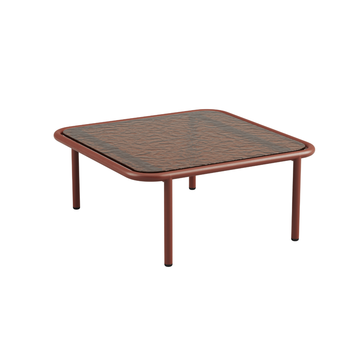 Square Mollis Coffee Table with chestnut powder-coated aluminum frame and smoked tempered glass top