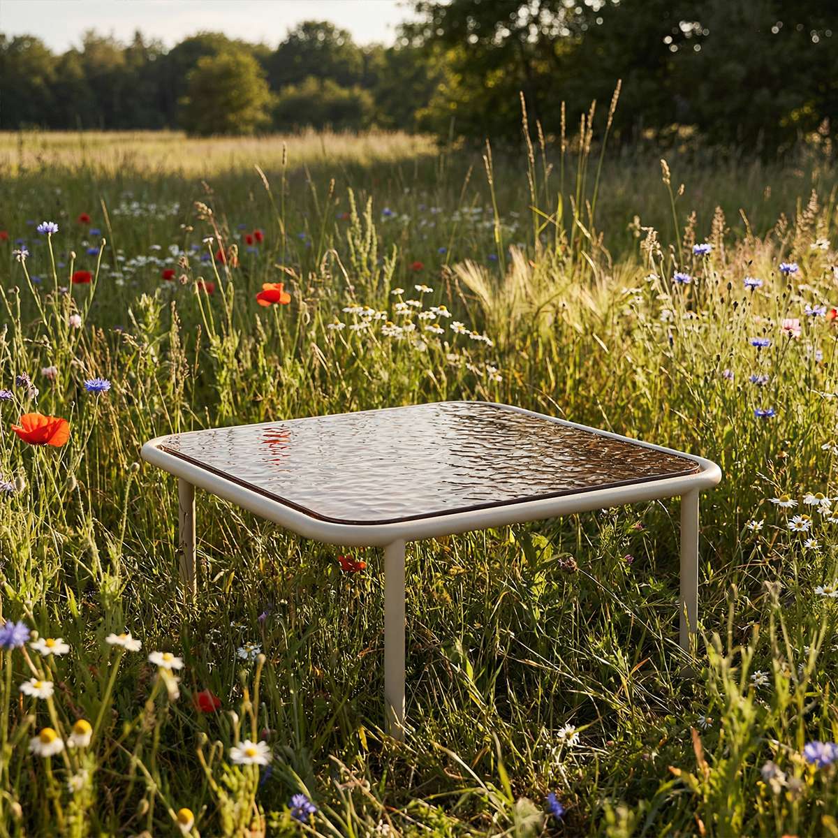 Square Mollis Coffee Table with taupe powder-coated aluminum frame and smoked tempered glass top outdoors