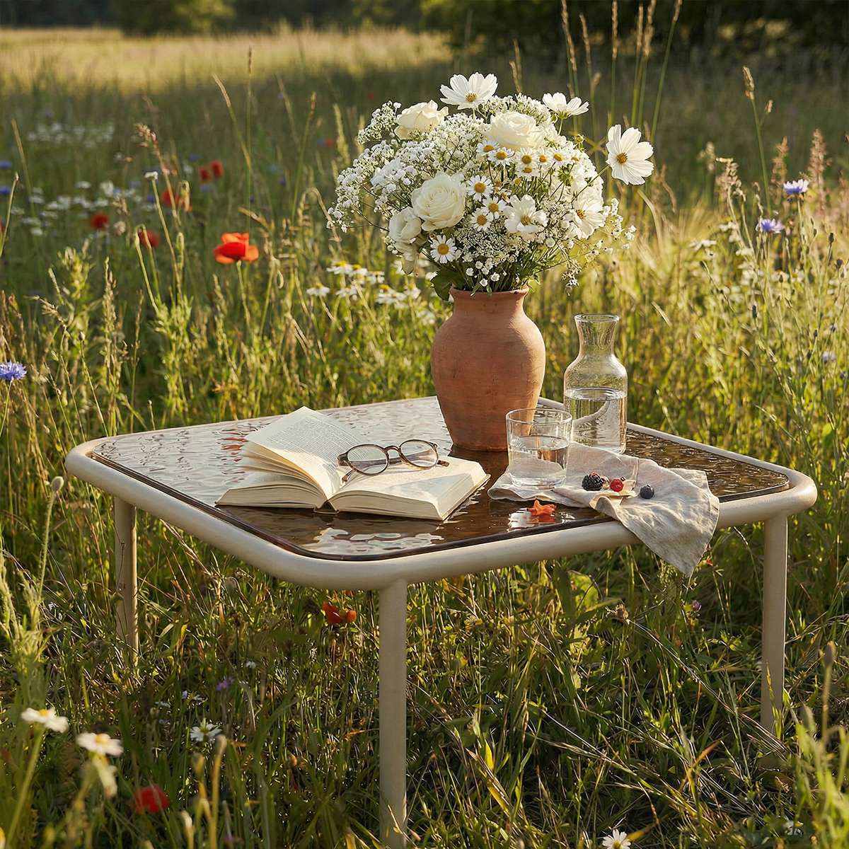 Square Mollis Coffee Table with taupe powder-coated aluminum frame and smoked tempered glass top outdoors