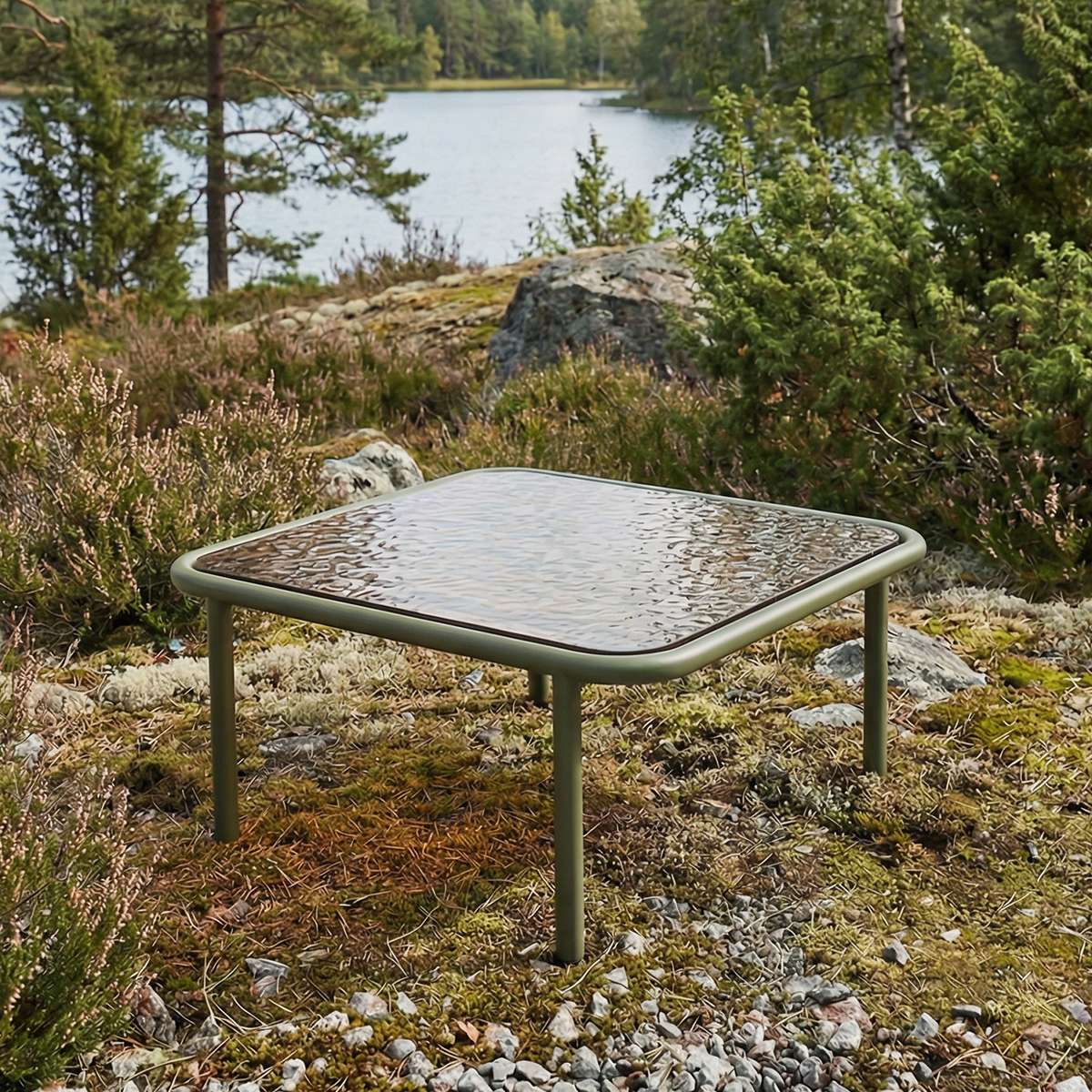 Square Mollis Coffee Table with olive powder-coated aluminum frame and smoked tempered glass top outdoors