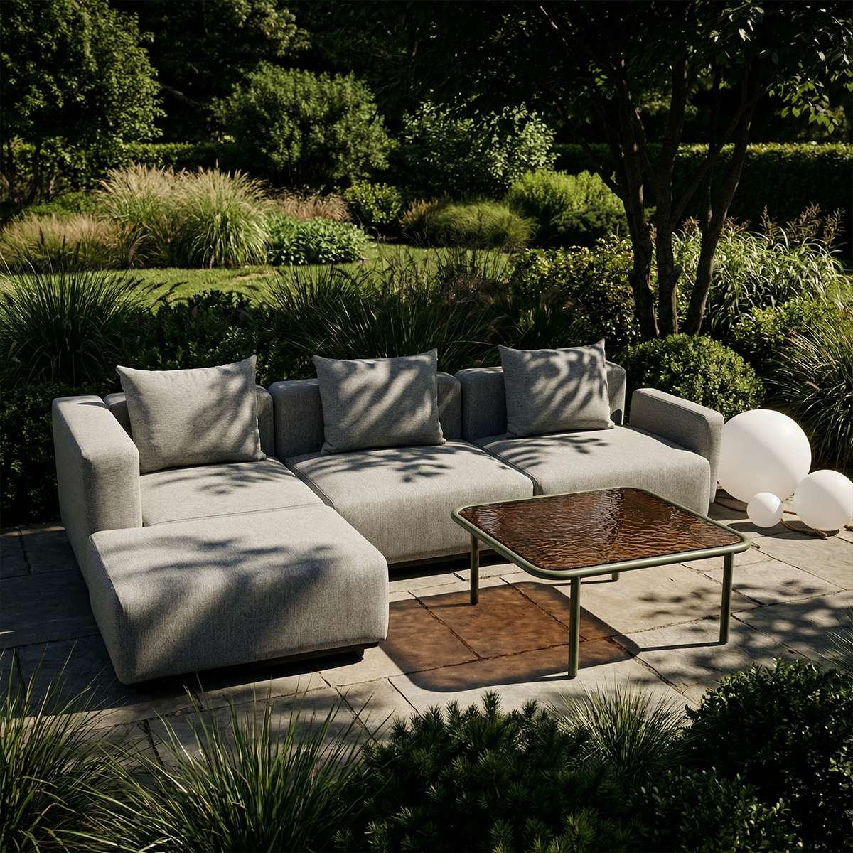 Square Mollis Coffee Table with olive powder-coated aluminum frame and smoked tempered glass top outdoors.