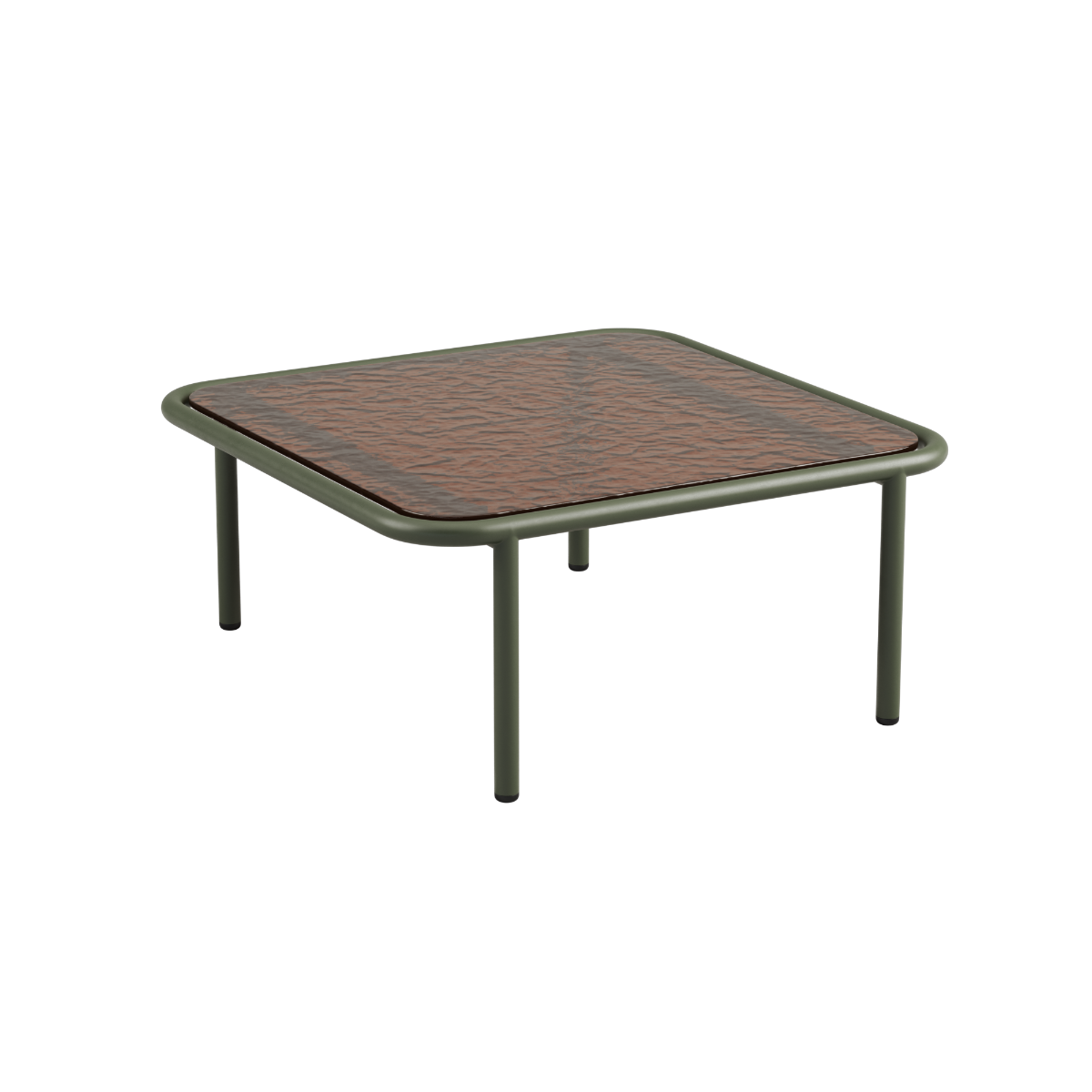 Olive Mollis Coffee Table with powder-coated aluminum frame and smoked tempered glass top.