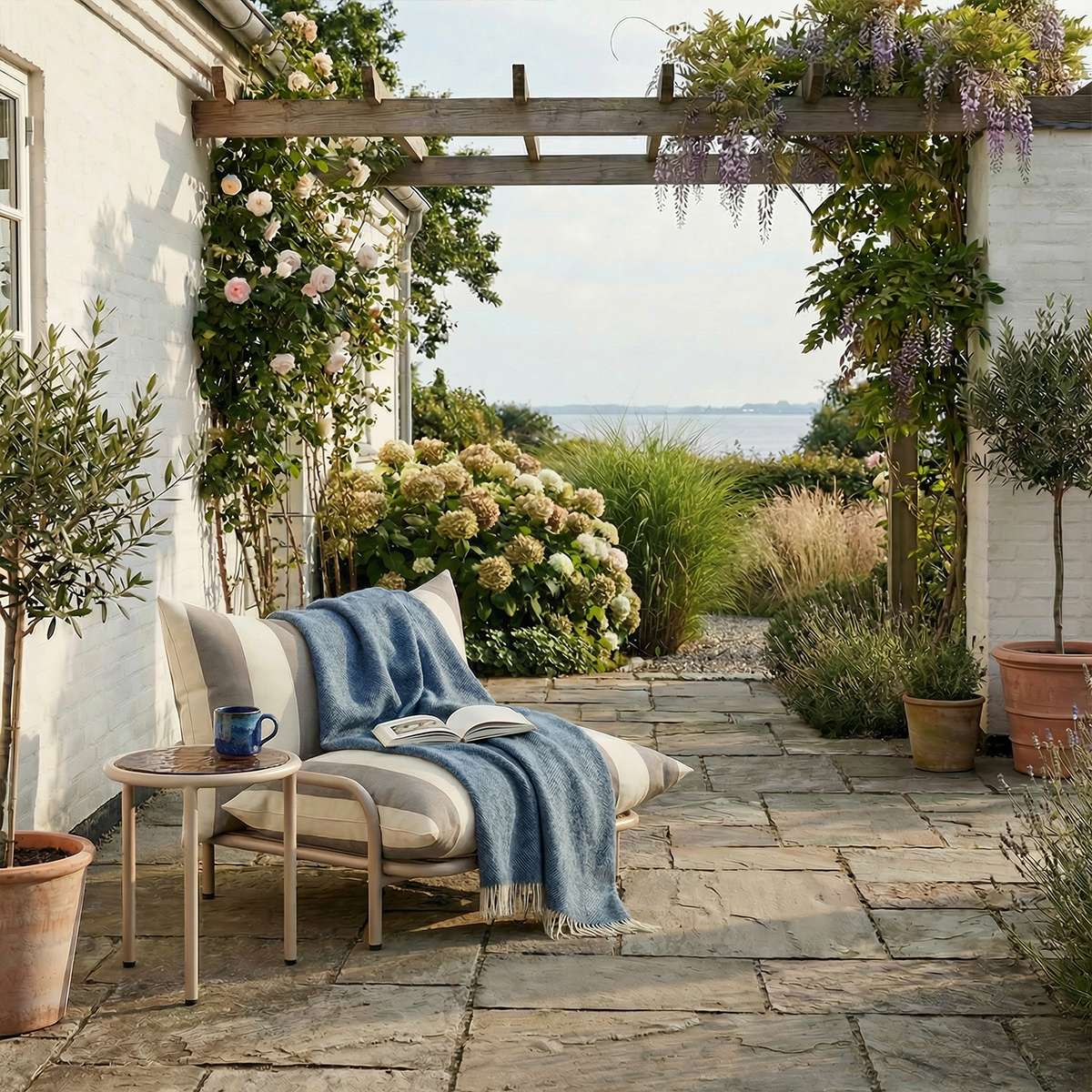 Taupe Mollis Side Table Ø50 with powder-coated aluminum frame and smoked tempered glass top outdoors.