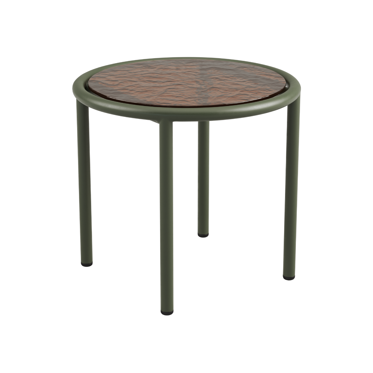 Round olive Mollis Side Table with powder-coated aluminum frame and smoked tempered glass top.