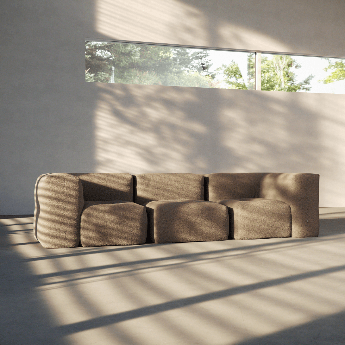 Soft Sofa Indoor 3-seater in teddy beige fabric with soft, modular design and low backrest.