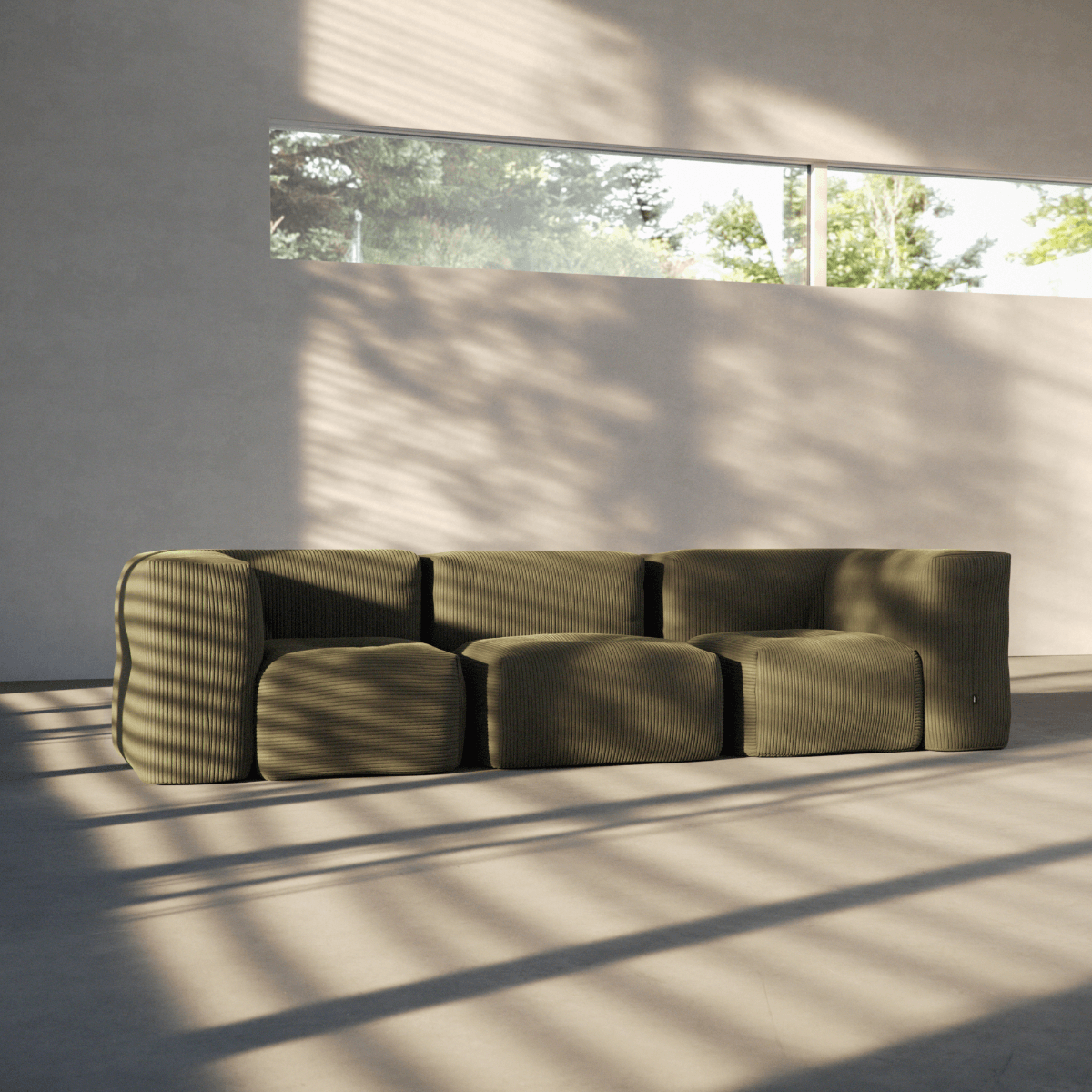 Soft Sofa Indoor 3-seater in olive green corduroy fabric with modular design and soft cushions