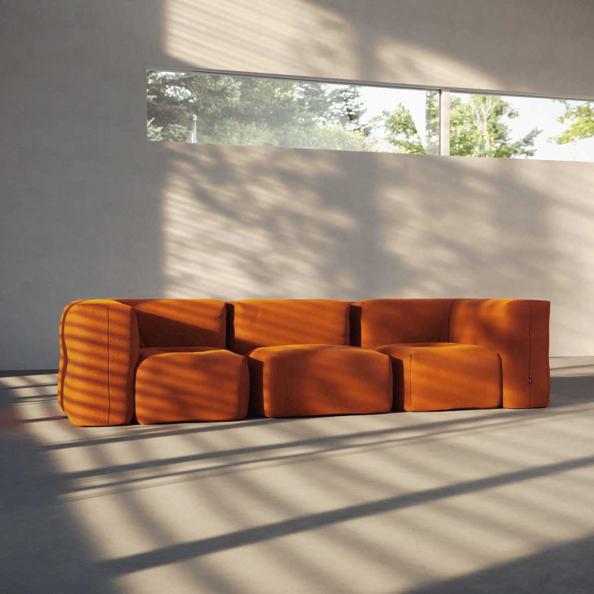 Soft Sofa Indoor 3-seater in orange jaquard fabric with soft, modular design and no visible frame.