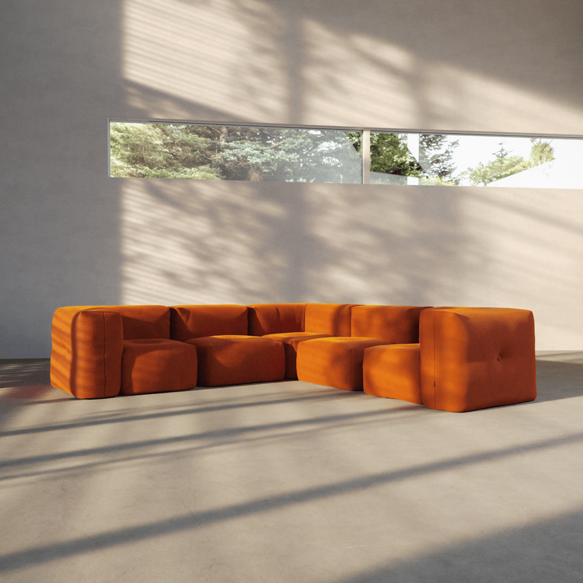 Soft Sofa Indoor 5 seater corner sofa in orange jacquard fabric with modular design and soft cushions