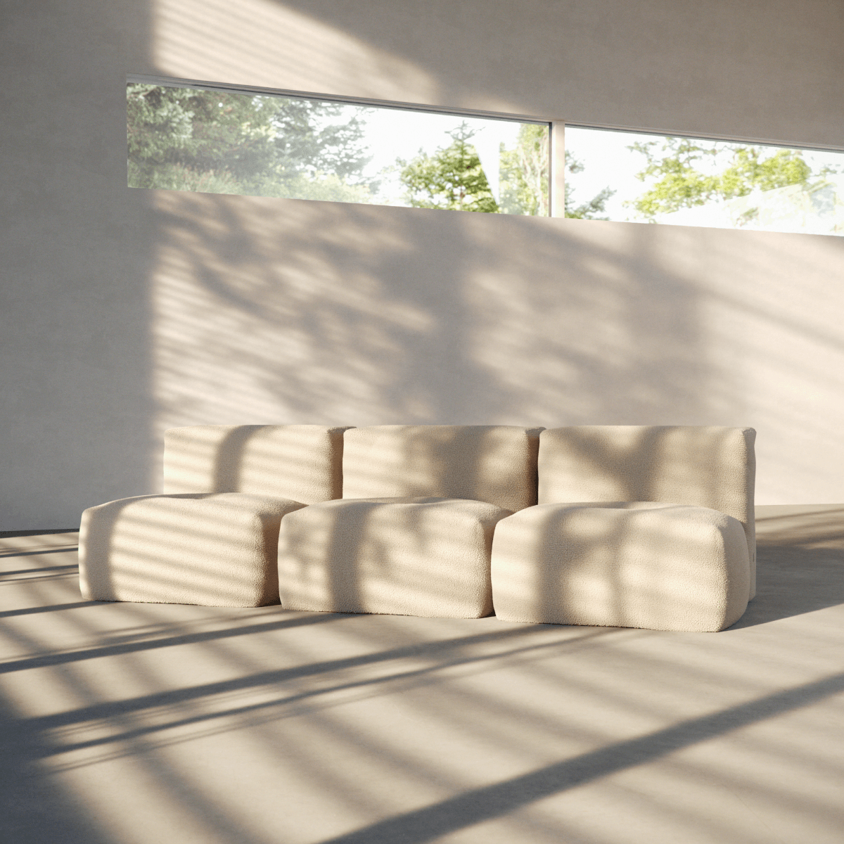 Three-seater Soft Sofa Indoor in beige corduroy fabric with a modular design and no visible frame.