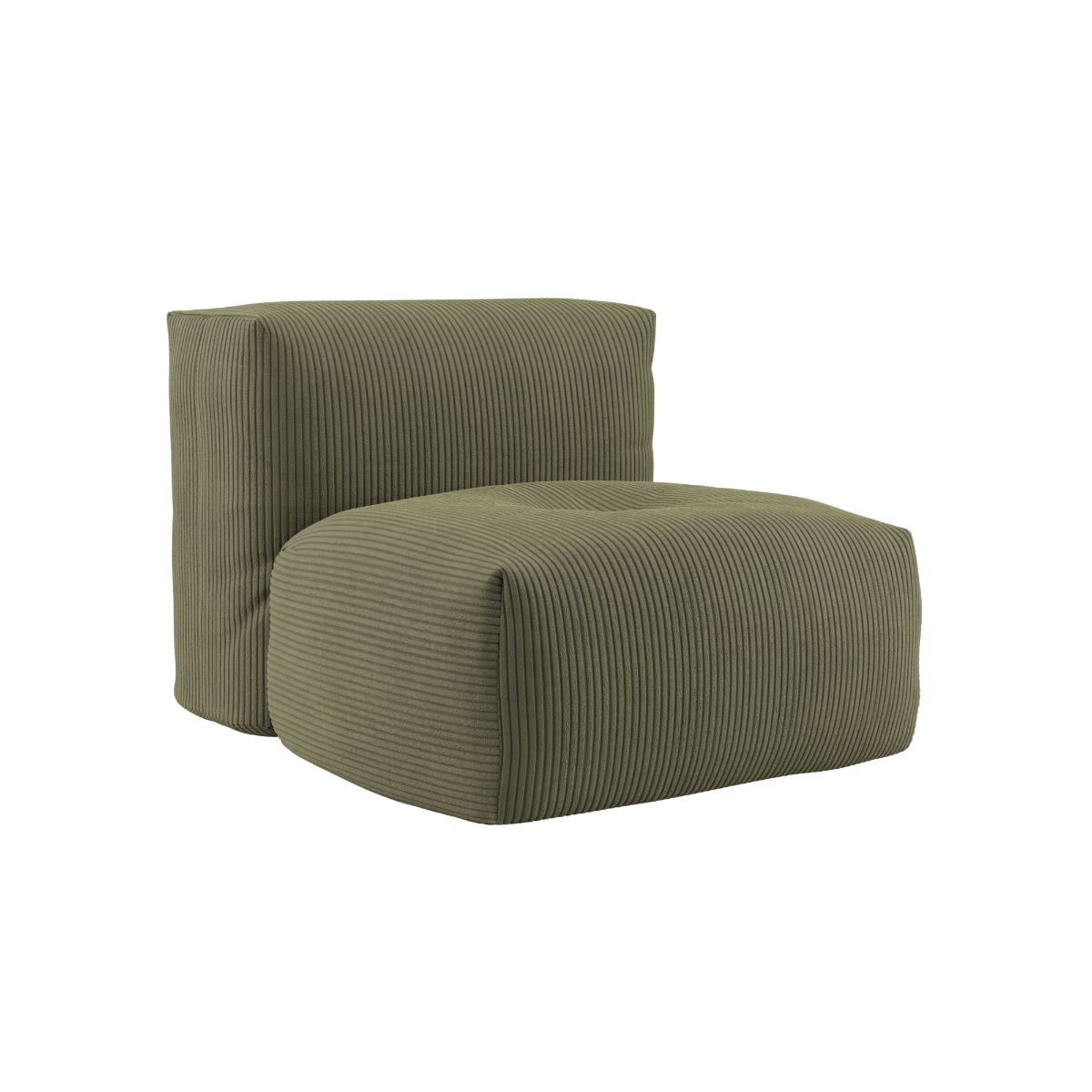 Soft Sofa Indoor seat in olive green corduroy fabric with soft, rounded shape and no visible frame