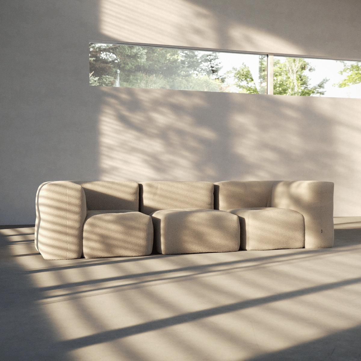Soft Sofa Indoor corner sofa in beige corduroy fabric with soft, modular design and low profile.