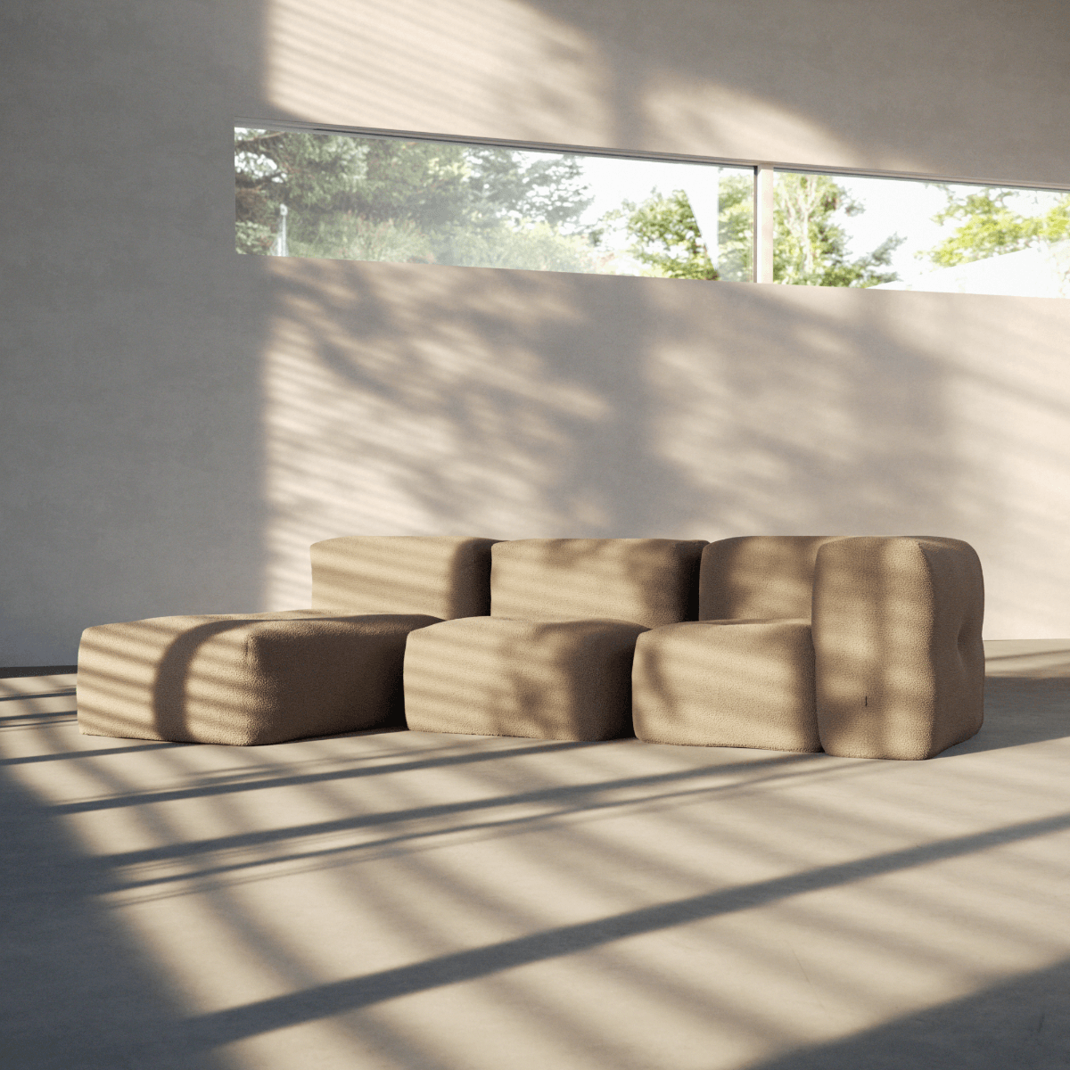 Soft Sofa Indoor Lounger in teddy beige fabric with soft, cushioned design and low profile seating