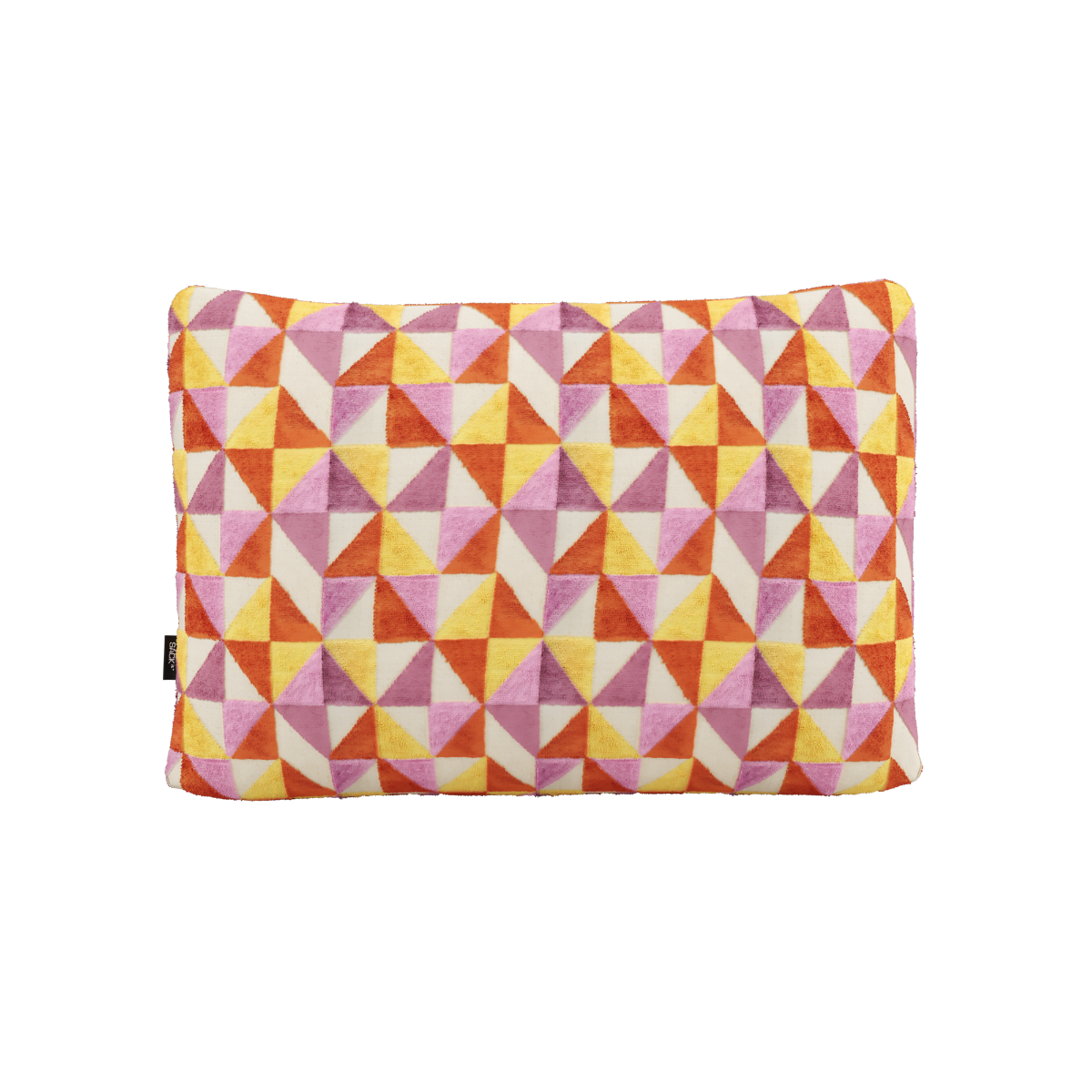 Rectangular Soft Sofa Indoor cushion in bright orange geometric jaquard fabric with removable cover.