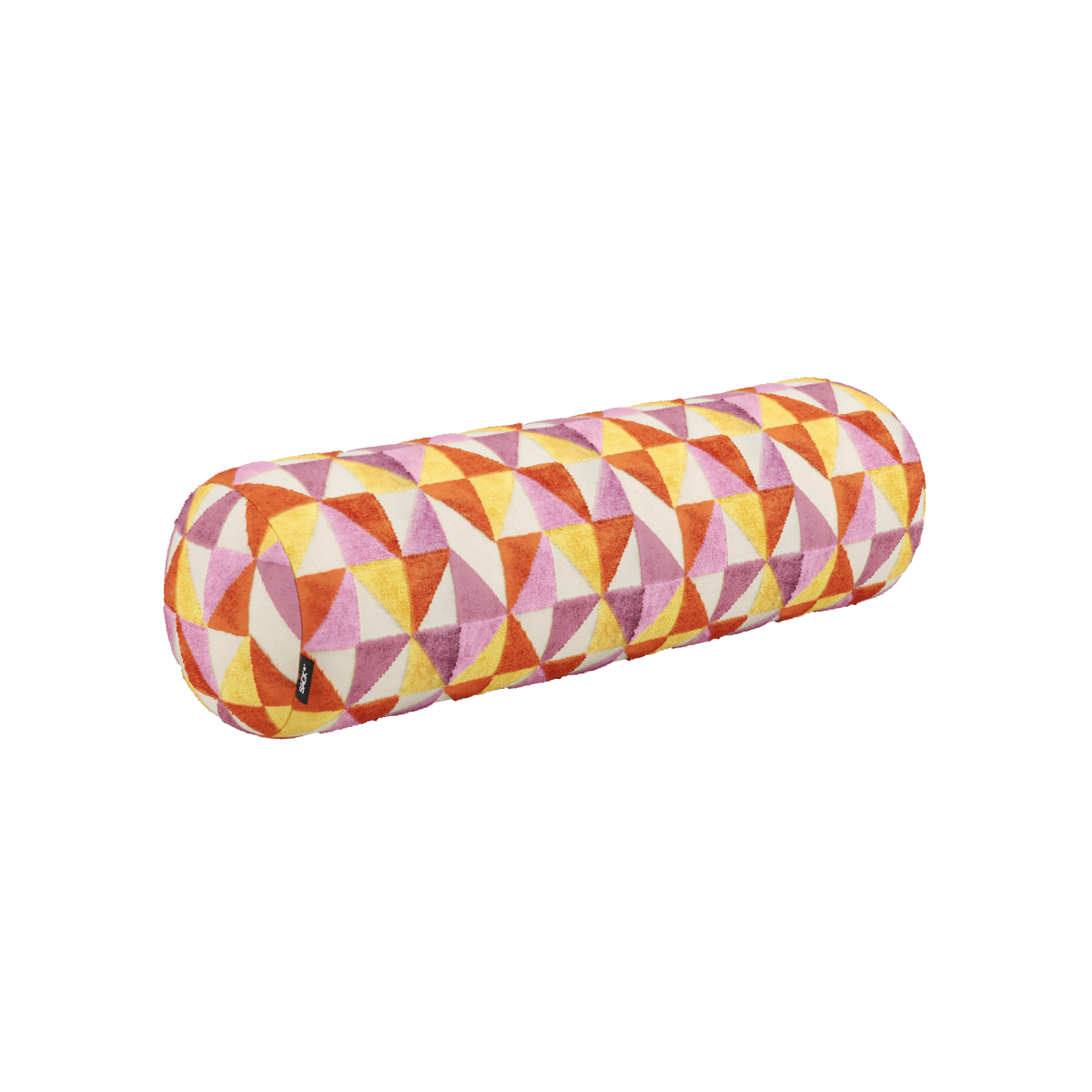 Soft Sofa Indoor bolster cushion in Levanka fabric with geometric pattern in orange tones.