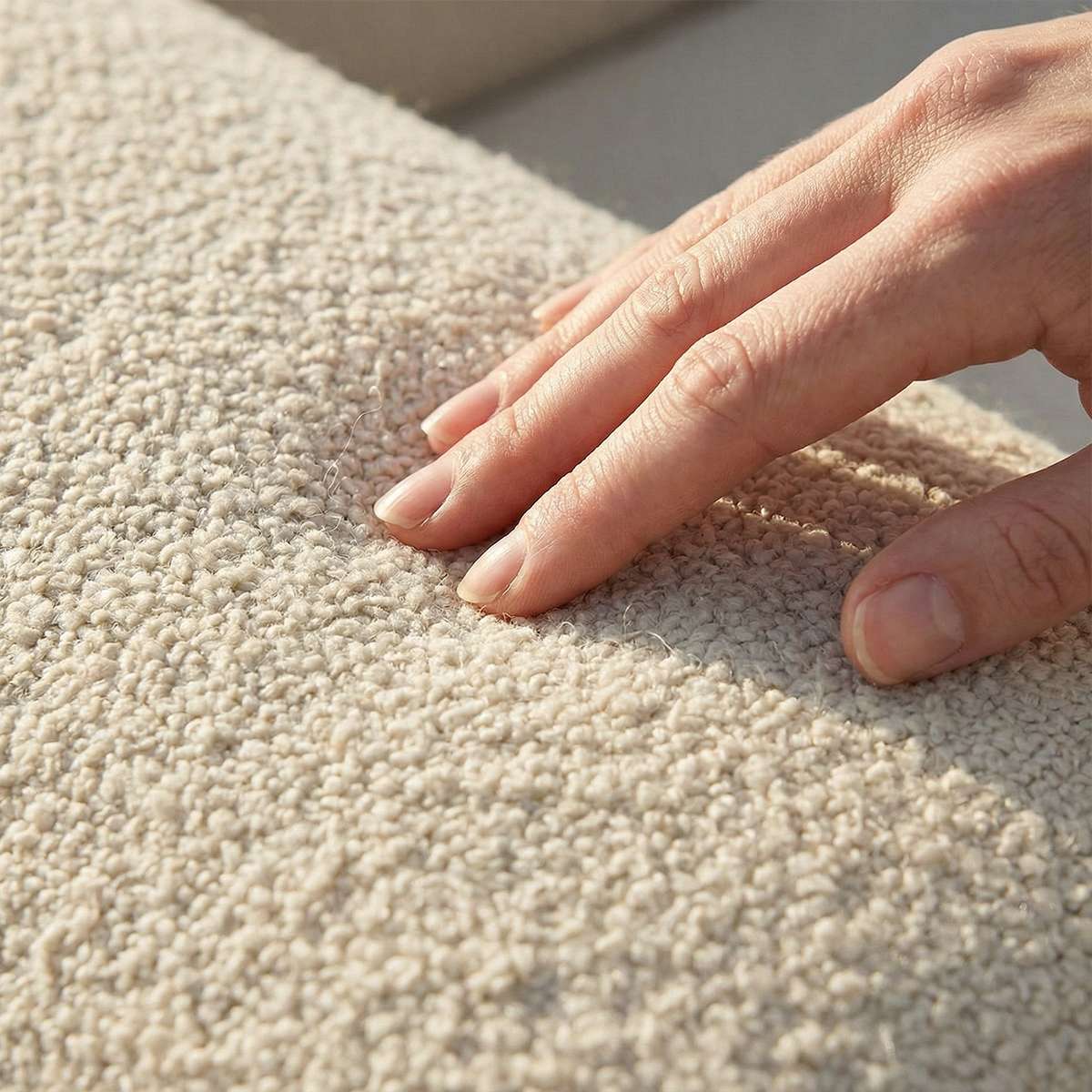 Soft Sofa Outdoor seat in boucle beige fabric placed outdoors on a wooden deck.