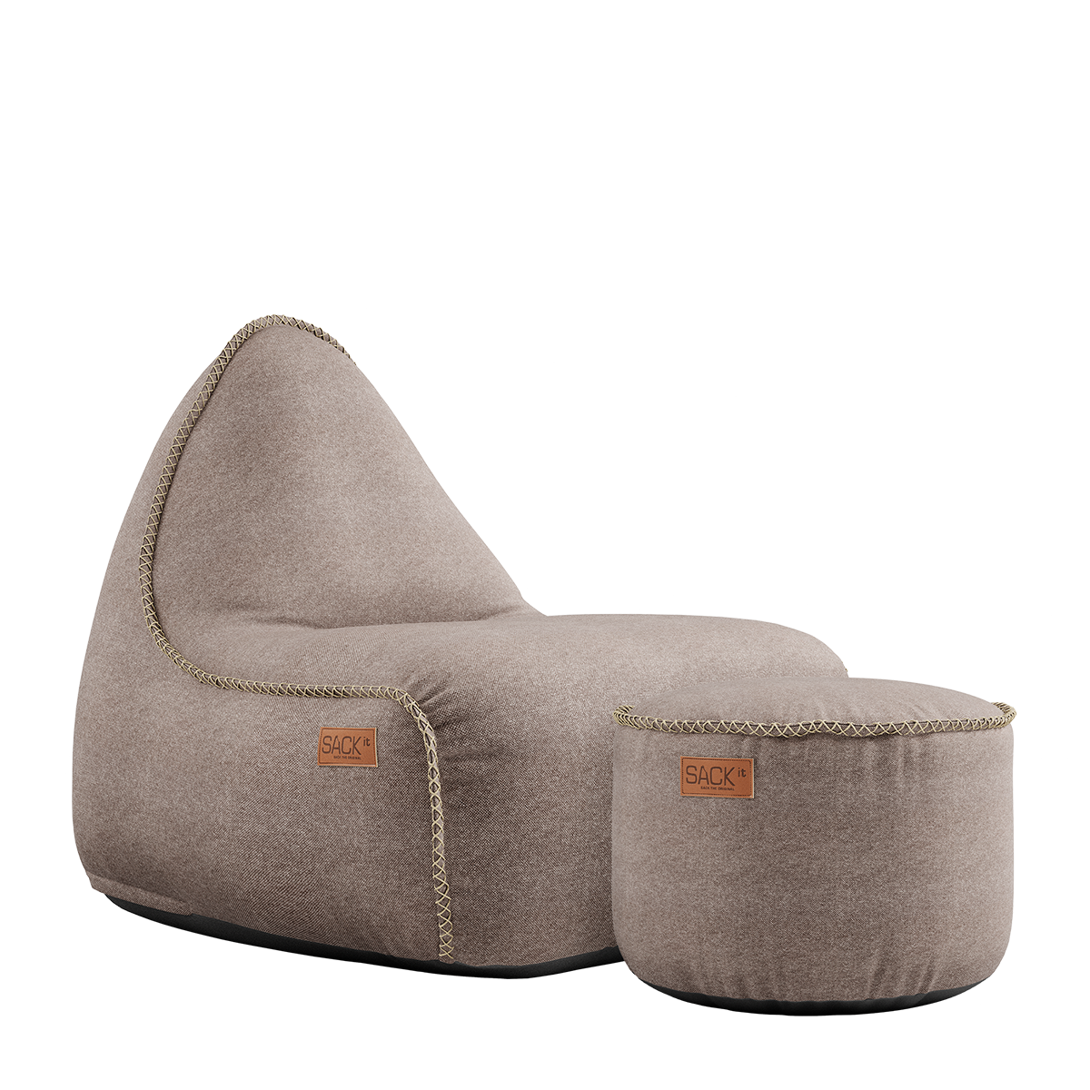 Canvas Lounge Chair and pouf in petrol canvas fabric with a soft, rounded shape.