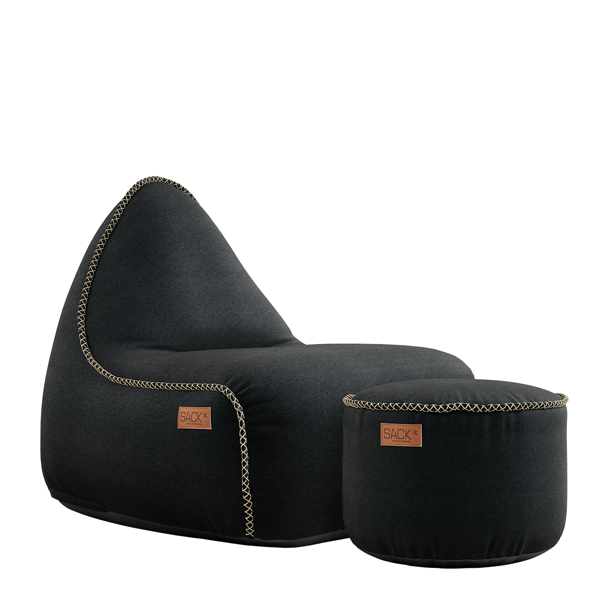 Canvas Lounge Chair and pouf in black canvas fabric with a soft, rounded shape.