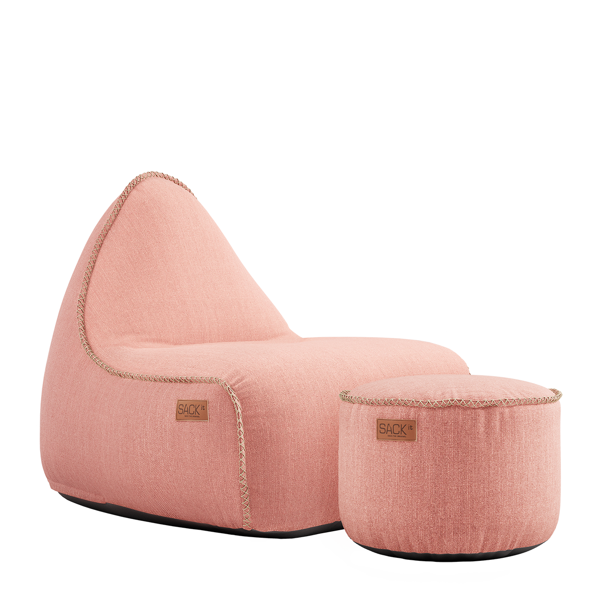 Cobana Lounge Chair and Pouf in soft rose color with rounded shapes and fabric texture