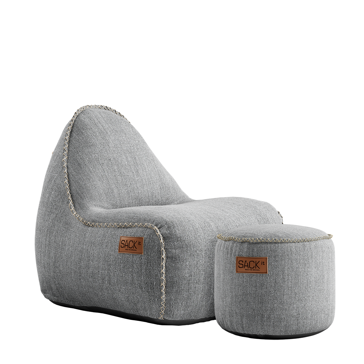 Cobana Junior Lounge Chair and pouf in Cobana Sand Melange fabric with soft rounded shape.
