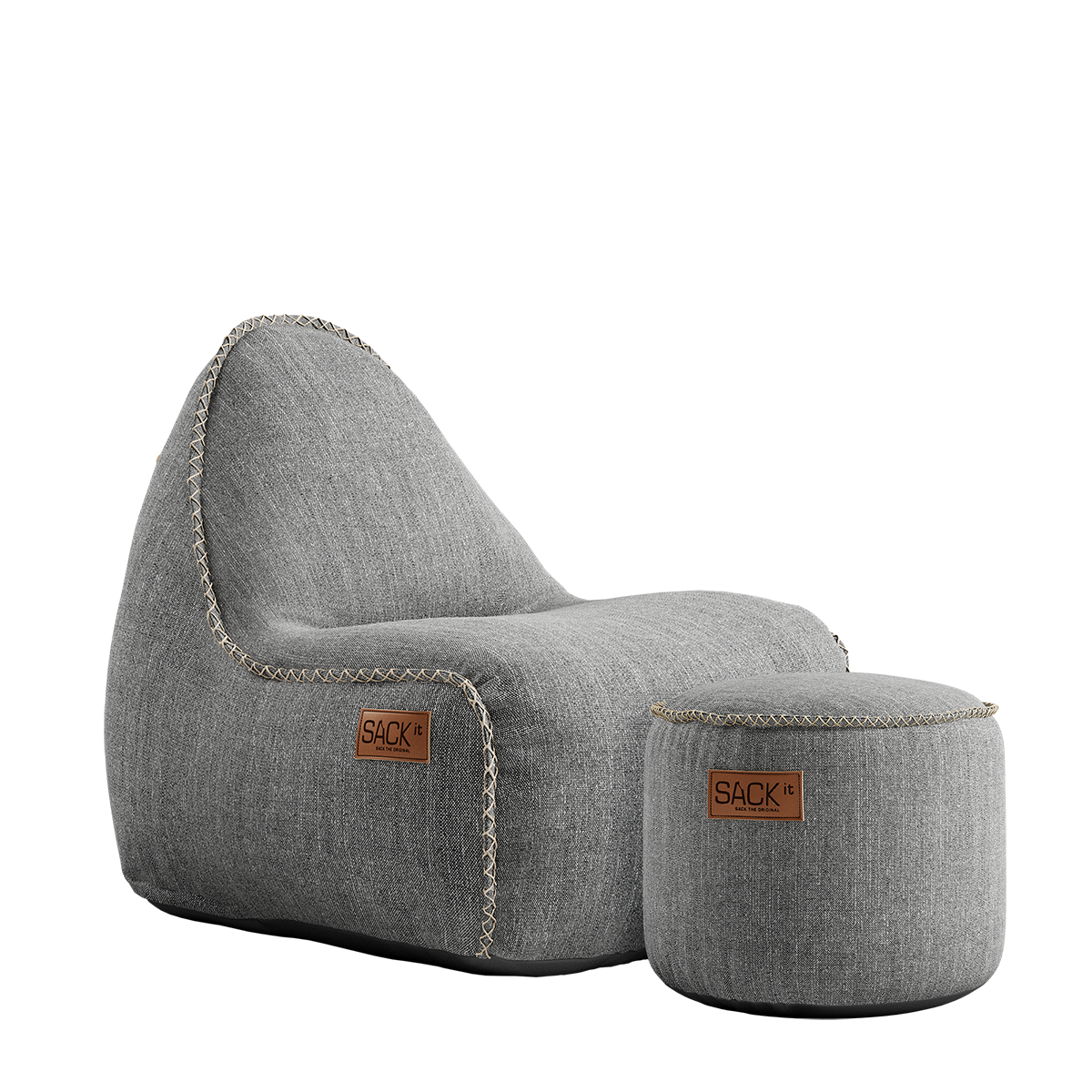 Cobana Junior Lounge Chair and pouf in sand melange color with soft, durable fabric and rounded shape.
