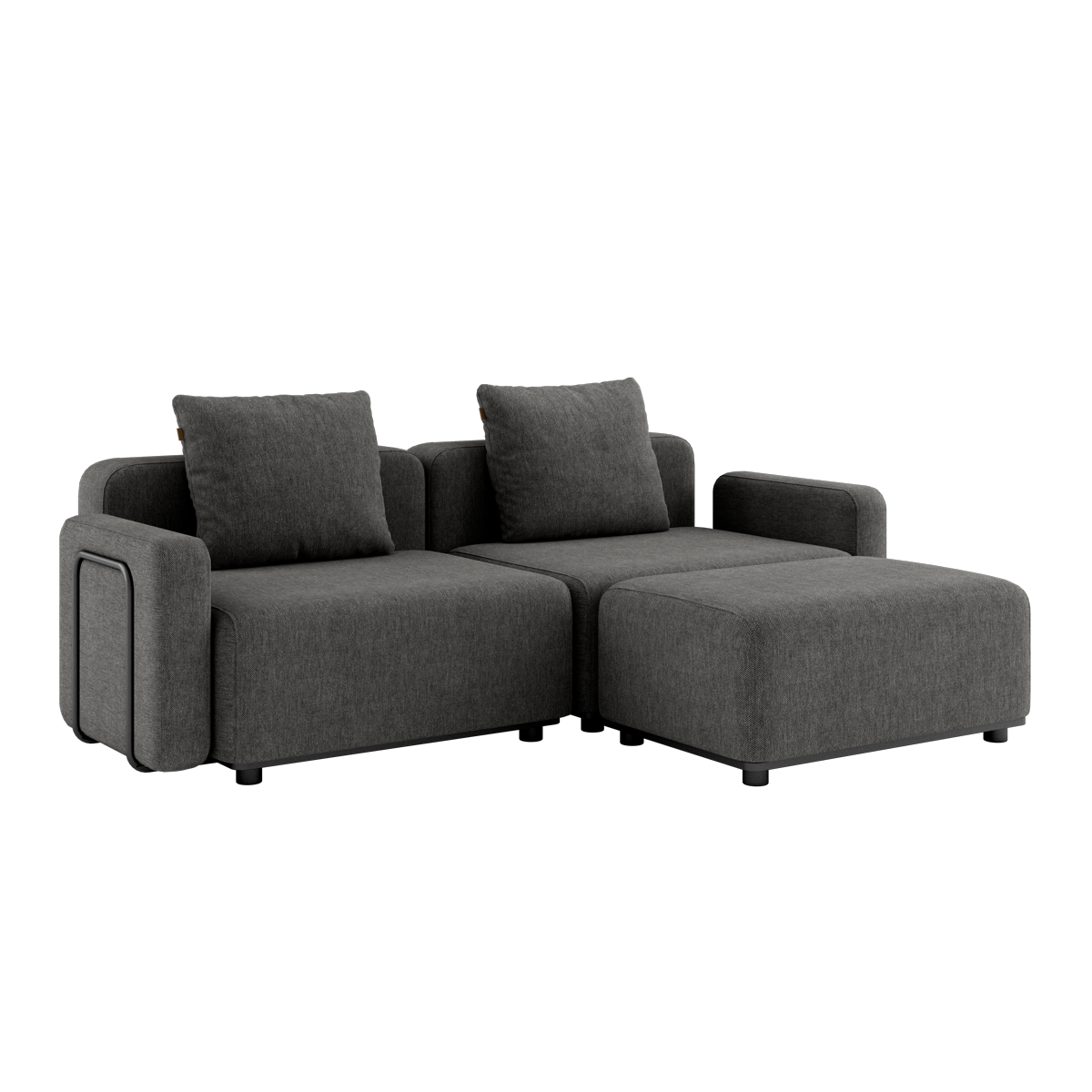 Cobana Grey 2-seater outdoor lounge sofa with armrest and pouf, powder-coated aluminum frame and cushions.