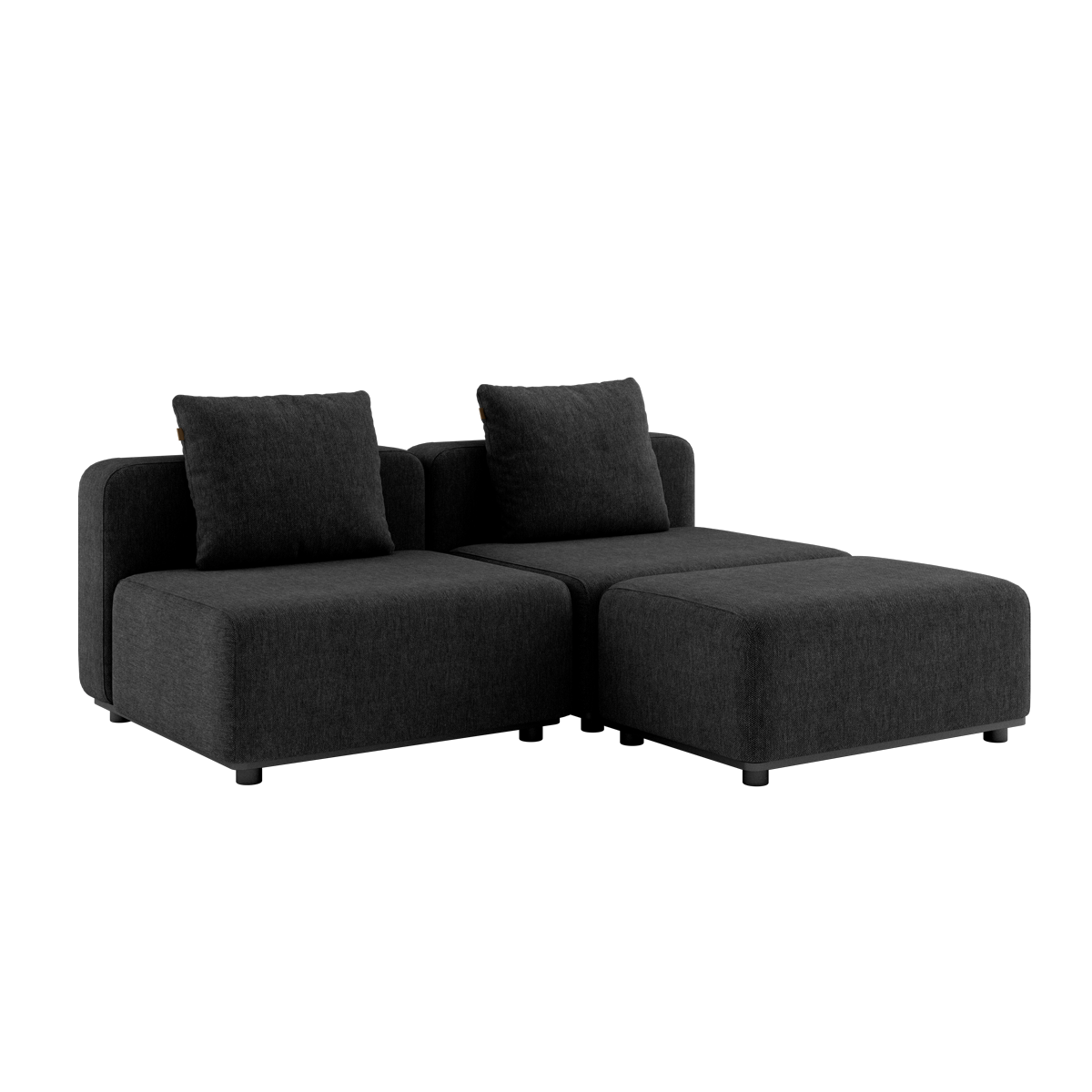 Cobana Black 2-seater outdoor lounge sofa with pouf, powder-coated aluminum frame and cushions.