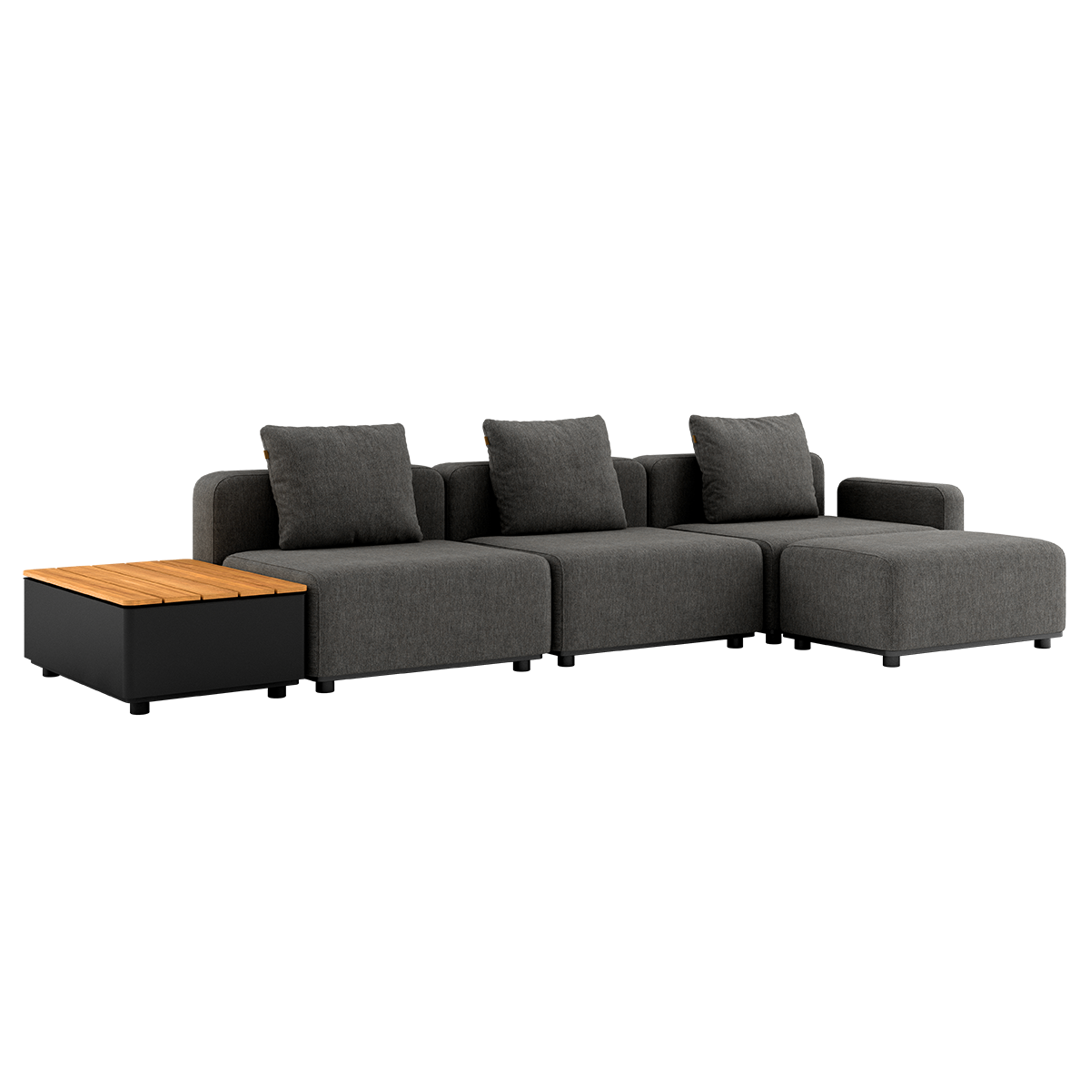 Cobana Lounge Sofa in Cobana Grey with pouf and patio storage table, outdoor modular seating with cushions