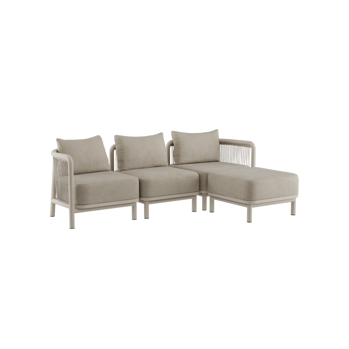 Kirra Lounge Sofa 3-seater in sand color with pouf, powder-coated aluminum frame and olefin textile upholstery.