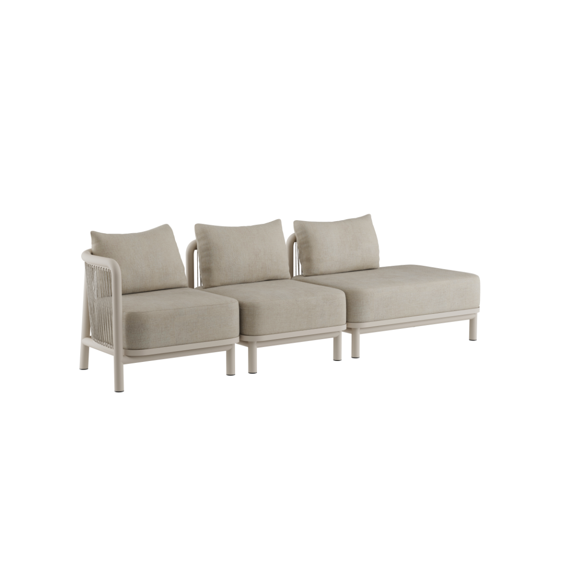 Kirra Lounge Sofa 3-seater with left open end in sand color, powder-coated aluminum frame and olefin fabric.
