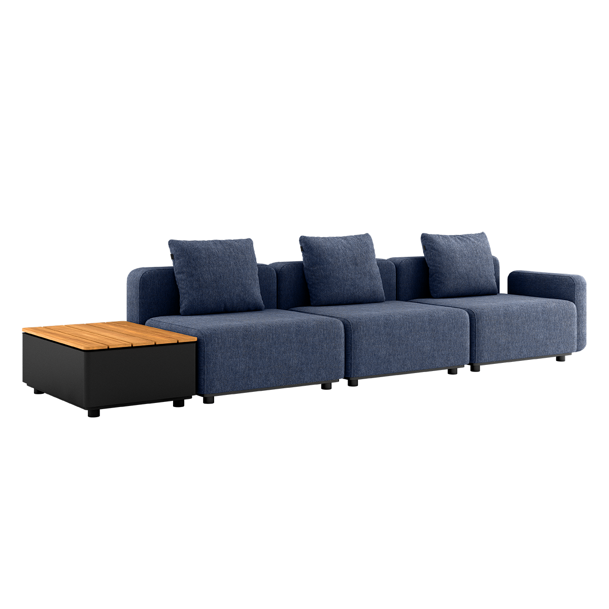 Kirra Indigo Cobana Lounge Sofa 3-seater with patio storage table, aluminum frame and cushions outdoors