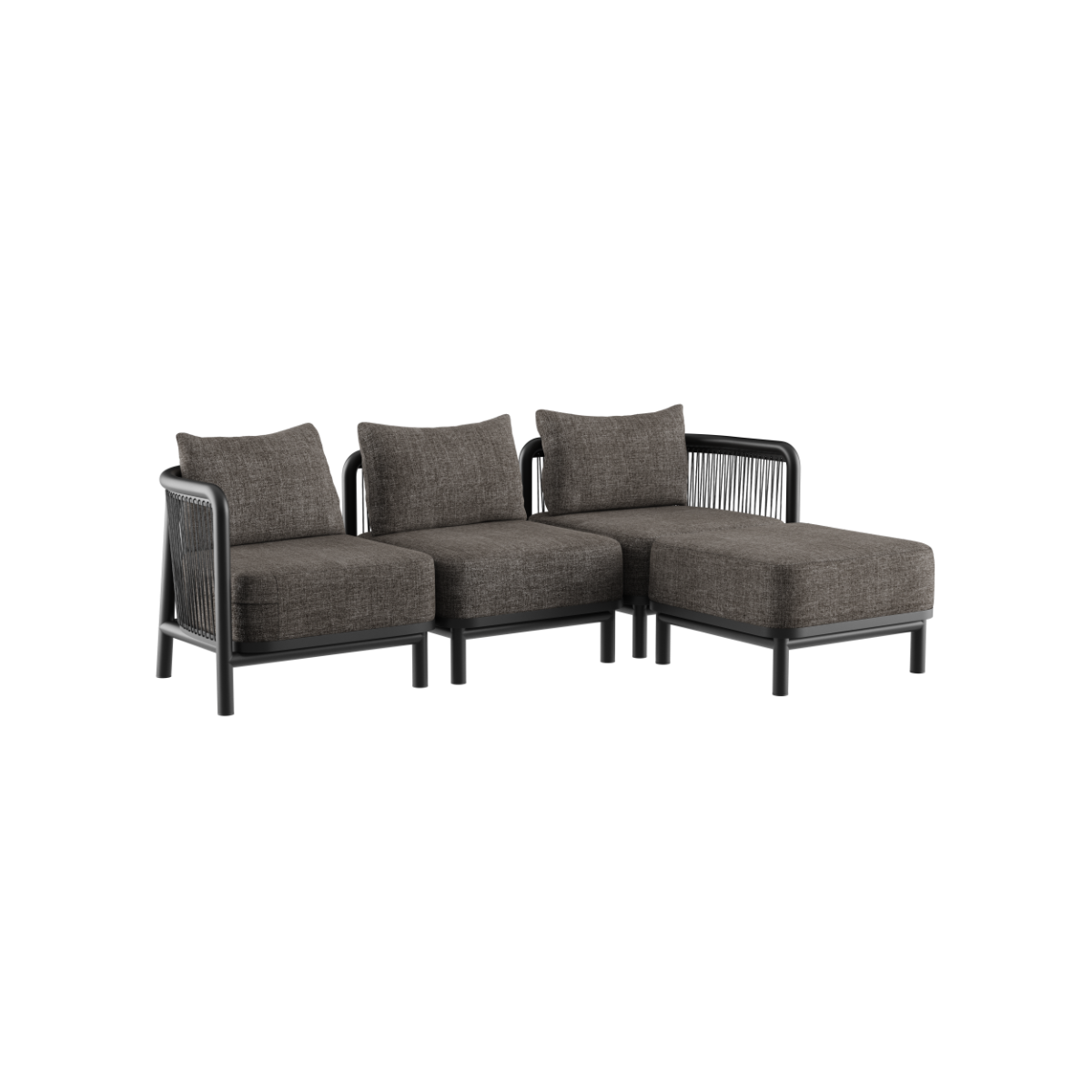 Kirra Noir 3-seater lounge sofa with pouf, powder-coated aluminum frame and dark olefin fabric.