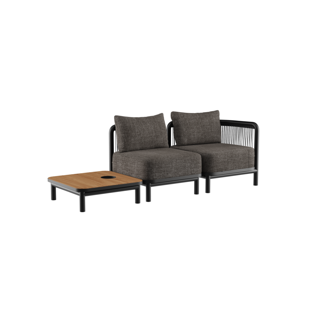 Kirra Noir 2-seater outdoor lounge sofa with Kirra table featuring powder-coated aluminum and teak wood accents