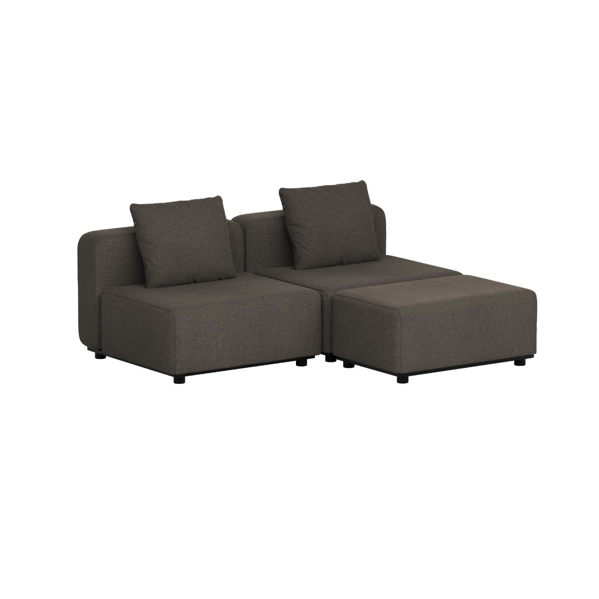 Dark gray sackit modular outdoor lounge sofa with two cushioned seats and chaise sections designed in Denmark for weather resistant Nordic gardens