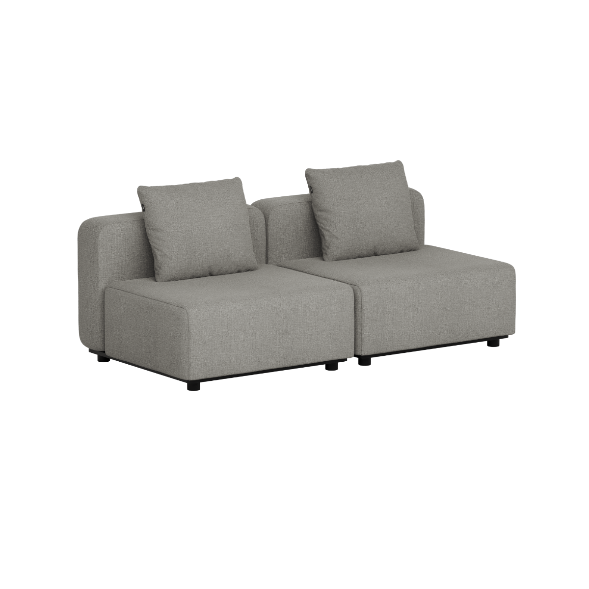 Gray two seat modular outdoor lounge sofa with two cushions and clean Scandinavian lines designed by sackit for gardens and terraces