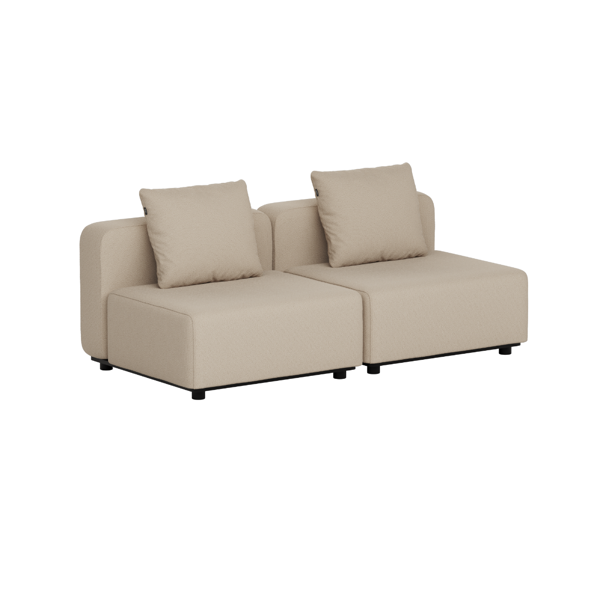 sackit beige outdoor two seat lounge sofa with two cushions and clean Scandinavian lines designed in Denmark for Nordic weather