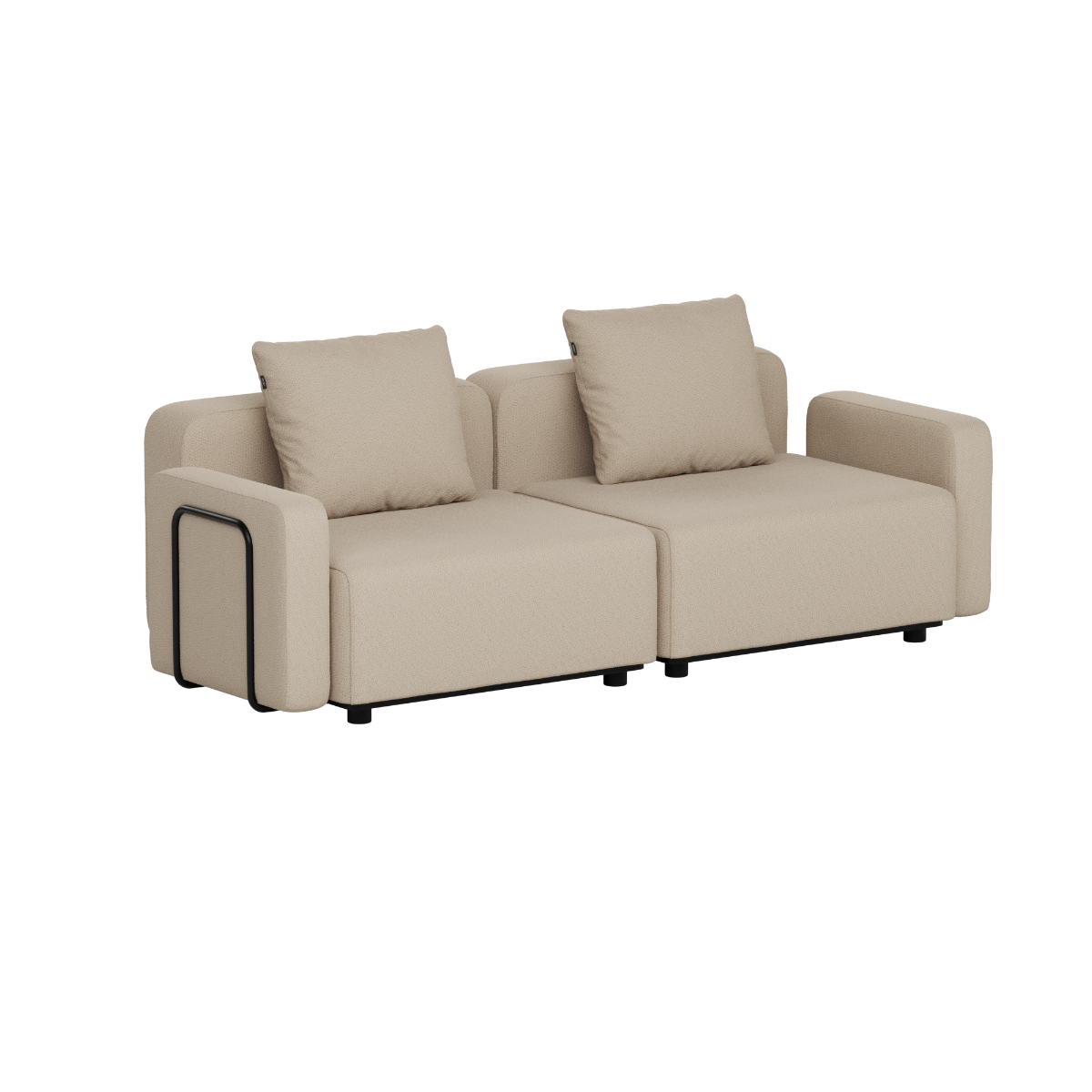 Beige two seat modular outdoor lounge sofa with clean Scandinavian lines and cushions by sackit designed in Denmark for weather resistant garden seating
