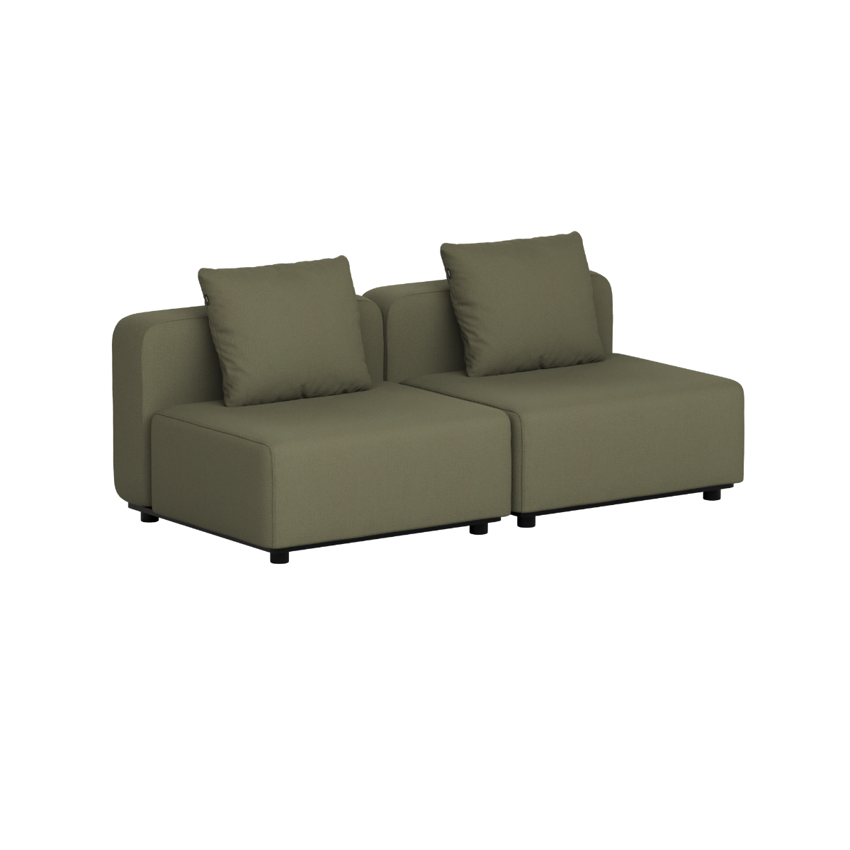 Olive green two seater outdoor lounge sofa with clean Scandinavian lines and two cushions by sackit for modern garden seating