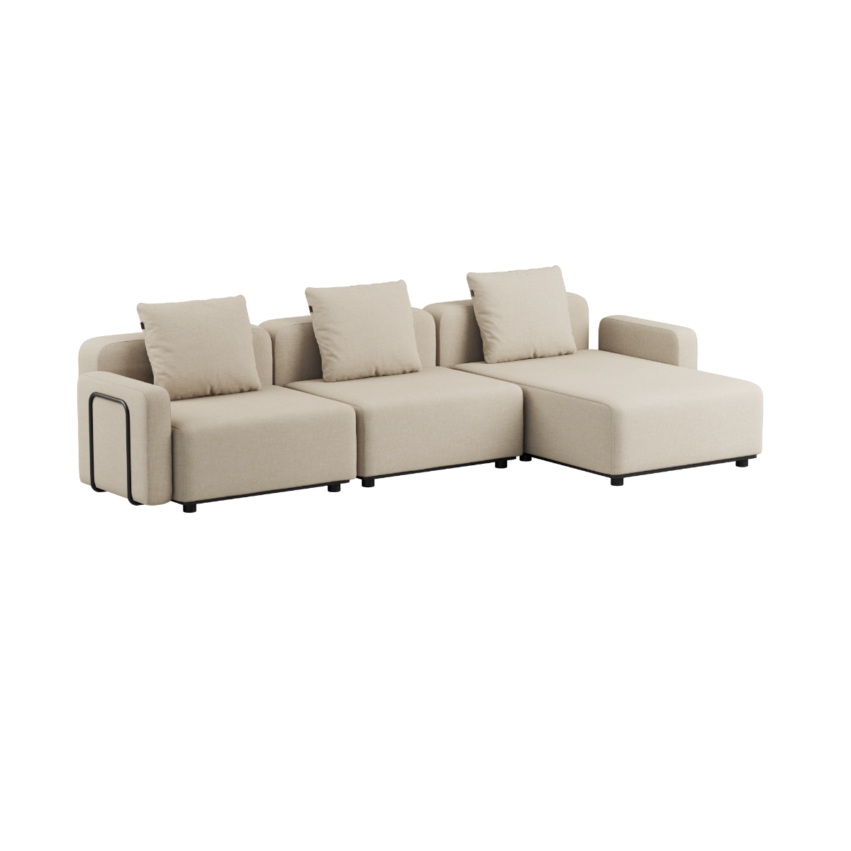 Kirra Sand Cobana Lounge Sofa 3-seater chaise in outdoor setting, powder-coated aluminum frame and cushions