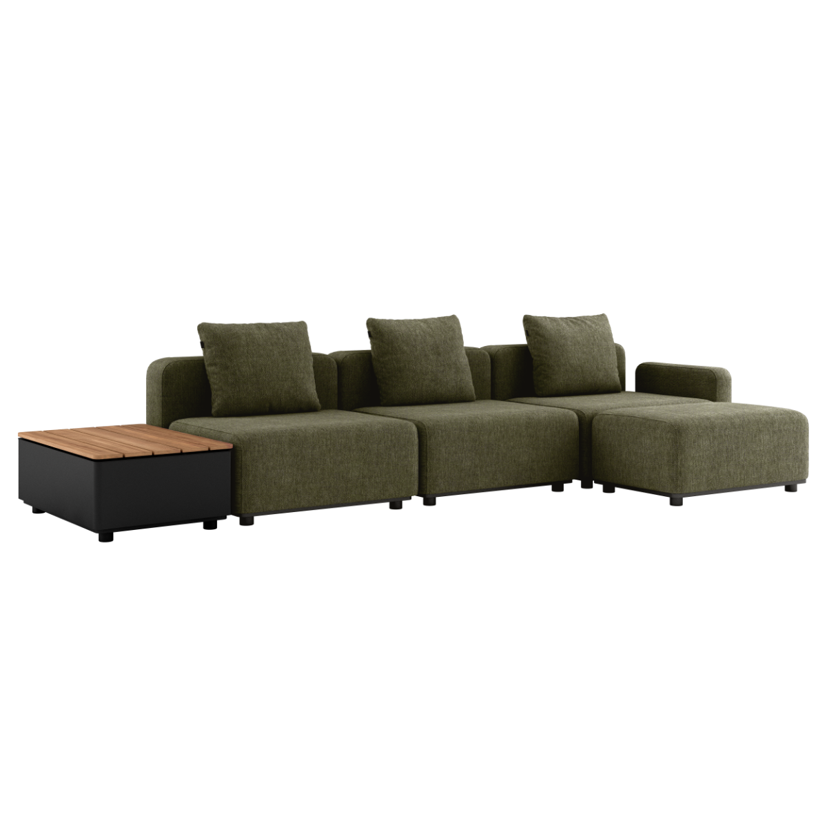 Kirra Olive Cobana Lounge Sofa 3-seater with armrest, pouf, and patio storage table in outdoor setting