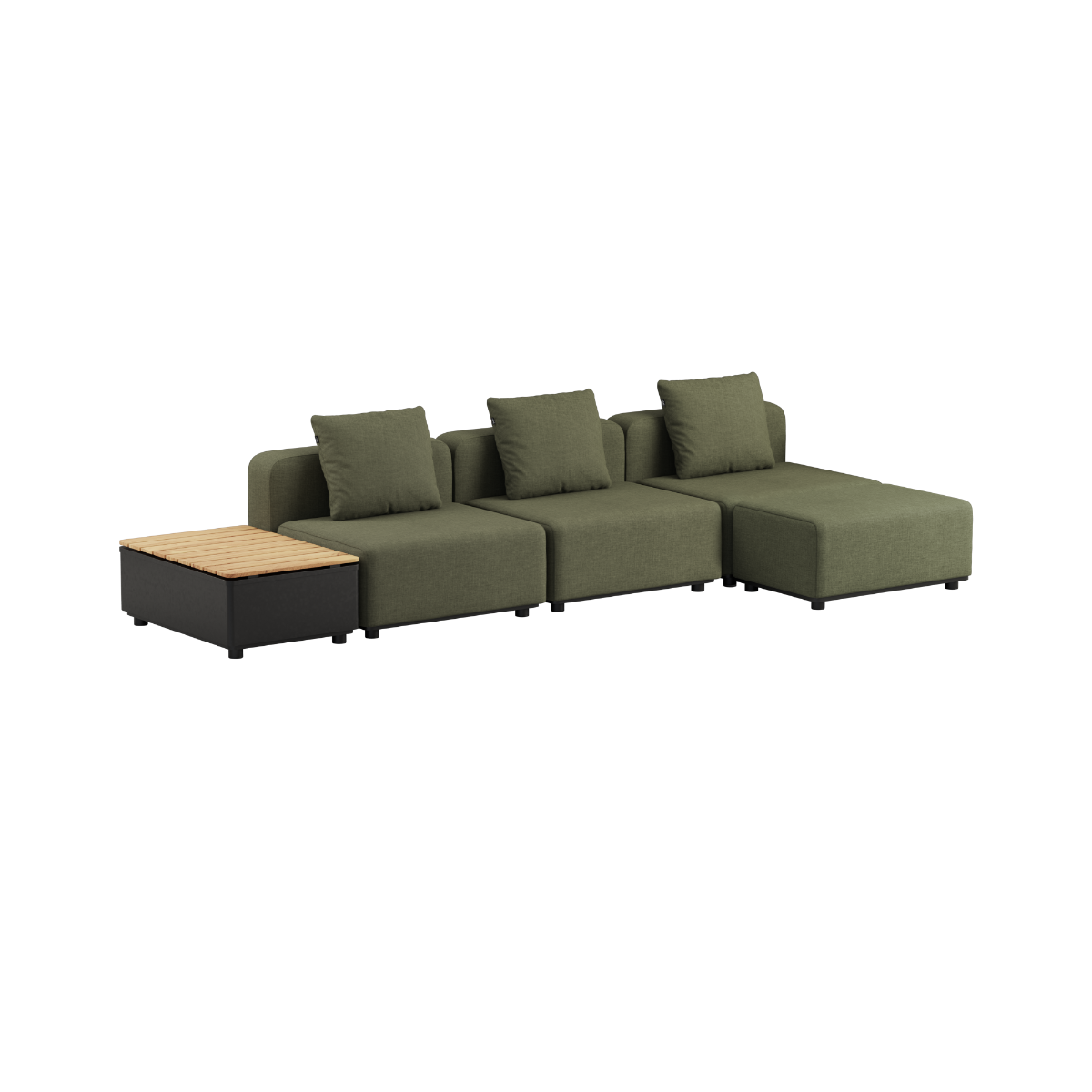 Olive green three seat modular outdoor sofa with three cushions and an attached teak patio storage table in clean Scandinavian design by sackit
