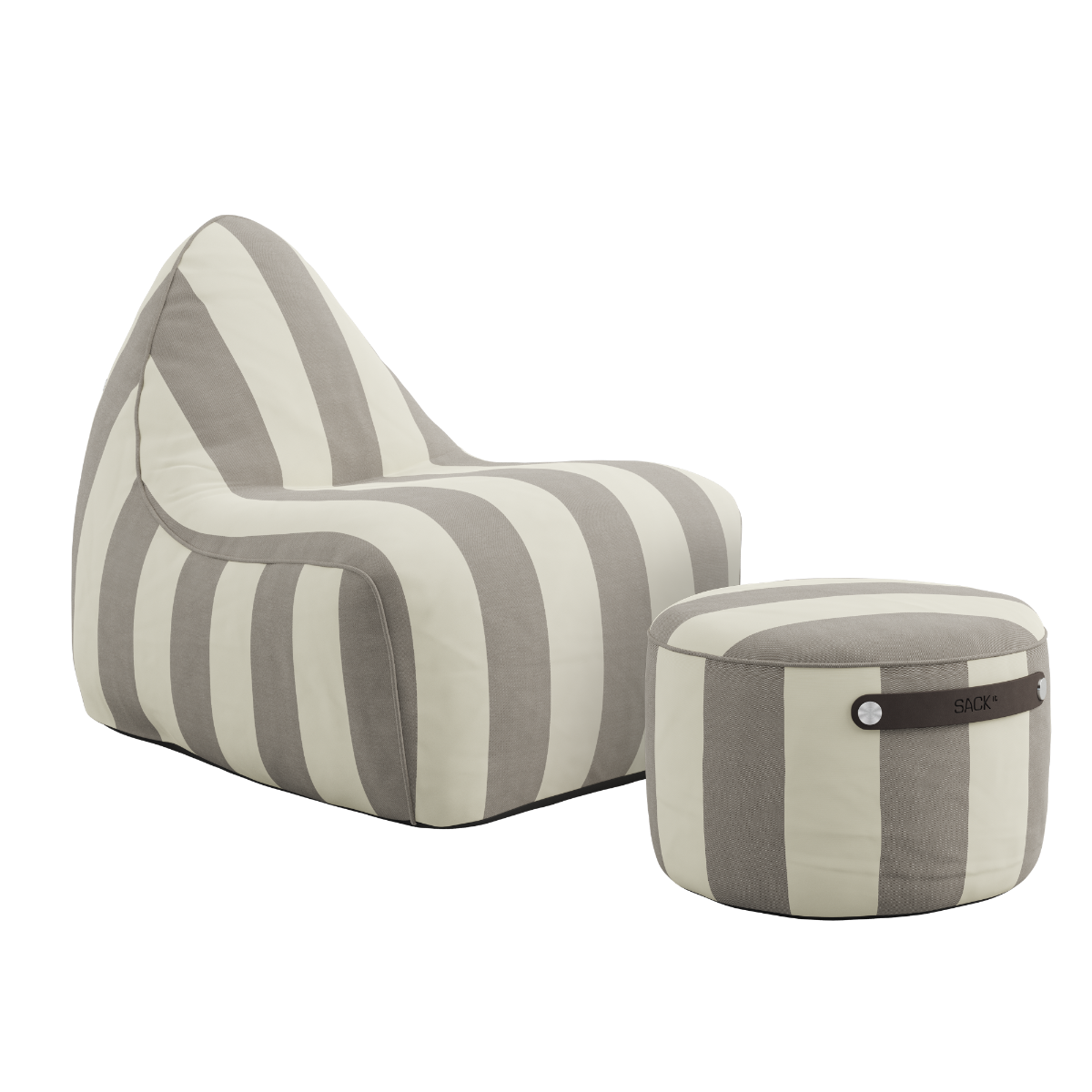 sackit striped outdoor lounge chair with matching round pouf in weather resistant fabric designed for comfortable Nordic living