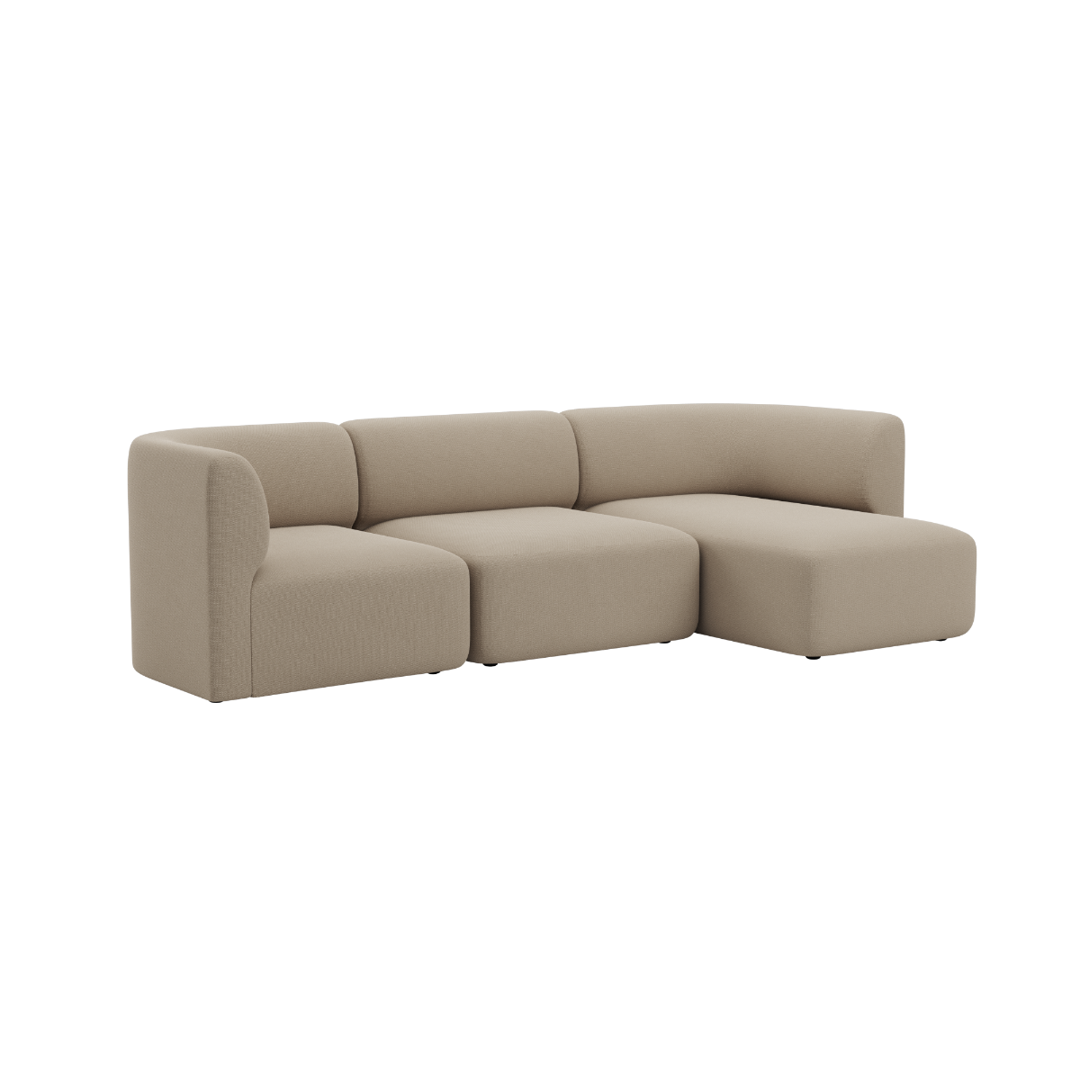 sackit Fjord three seater chaise sofa in warm beige upholstery with rounded Scandinavian styling and deep cushioned seats on a clean background