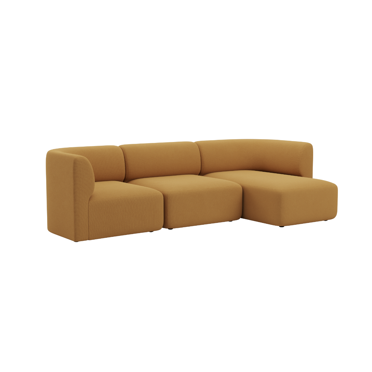 Warm brown sackit Fjord three seater chaise sofa with soft rounded lines and a right sided chaise in a calm Scandinavian design for indoor living spaces