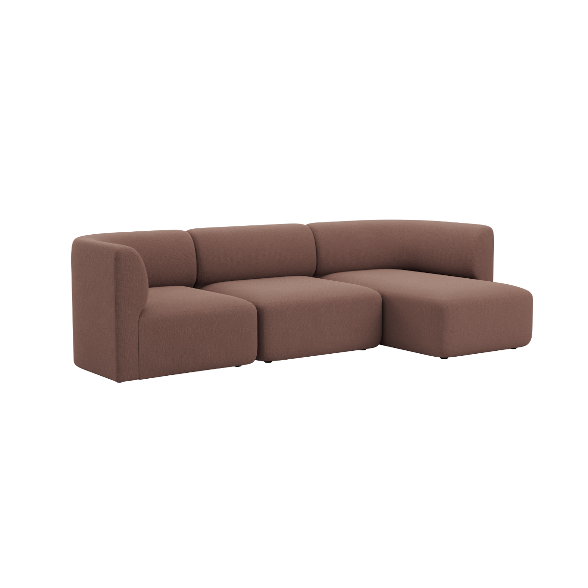 Brown sackit Fjord sofa with three seats and a right chaise featuring soft lines and a calm Scandinavian design for comfortable indoor living
