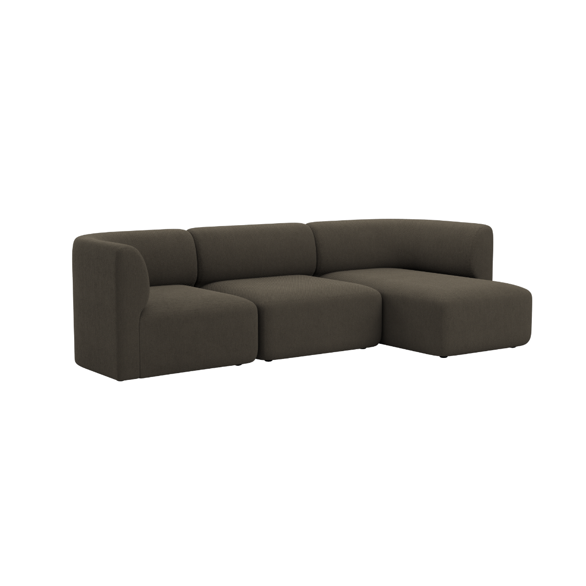 Dark brown three seater sofa with right chaise and soft rounded cushions in a calm Scandinavian design by sackit for comfortable indoor living