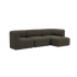 Dark brown three seater sofa with right chaise and soft rounded cushions in a calm Scandinavian design by sackit for comfortable indoor living