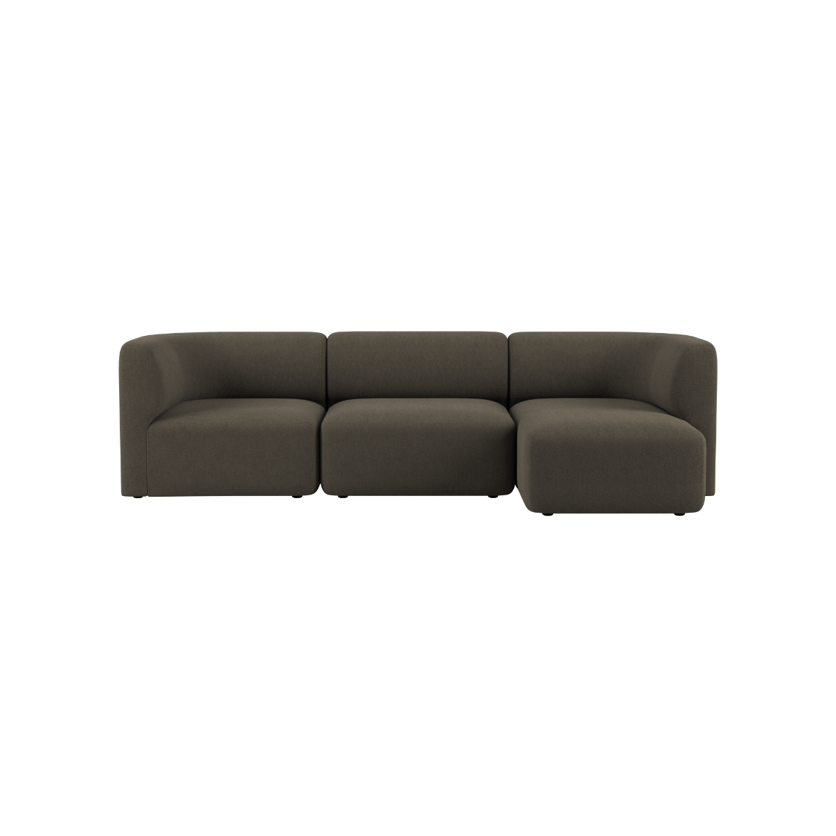 Dark upholstered three seat sofa with soft rounded lines and a calm Scandinavian design by sackit for contemporary indoor living