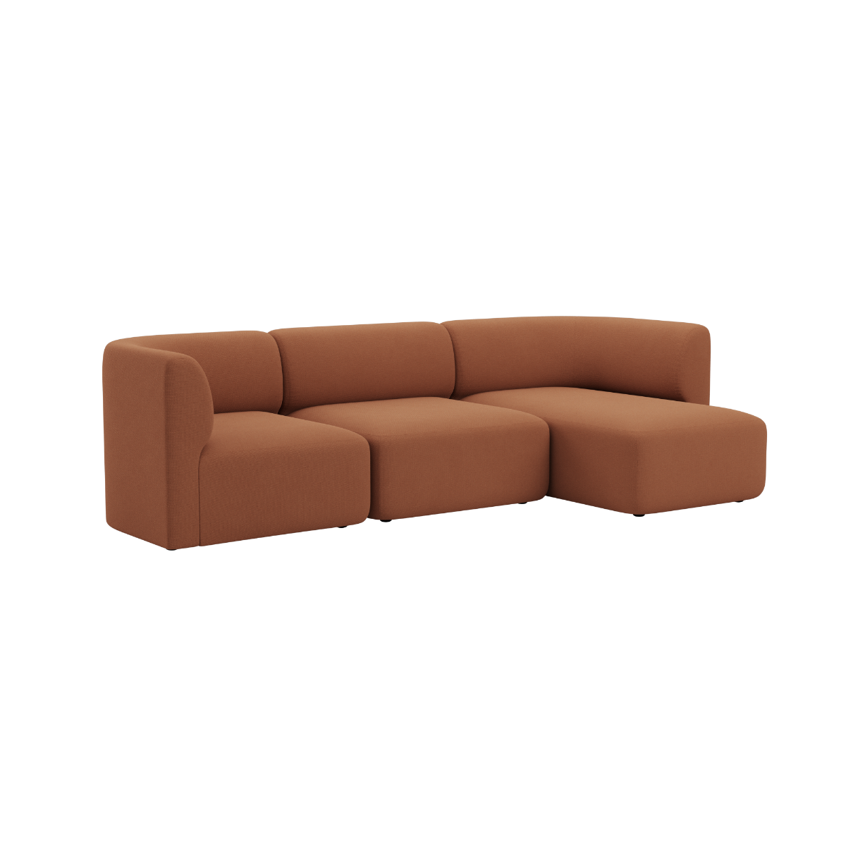 Brown three seater chaise sofa with soft rounded cushions and calm Scandinavian design by sackit for comfortable modern indoor living